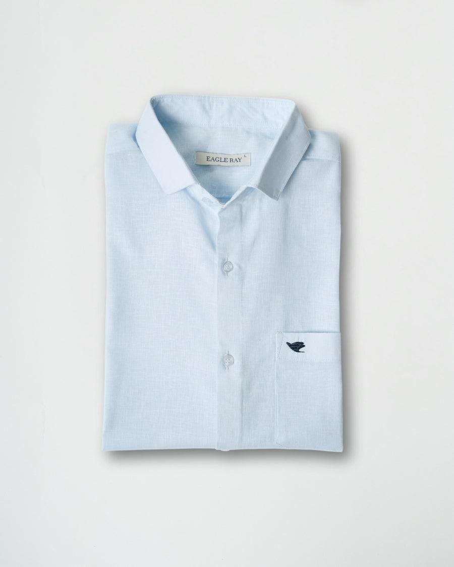 Light blue dress shirt with collar and Eagle River logo on a light gray background