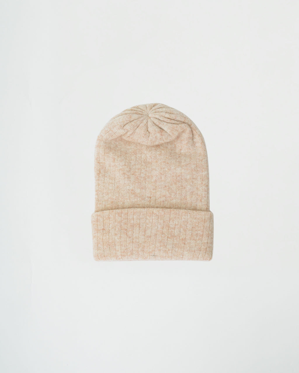 Beige knit beanie on a light gray background