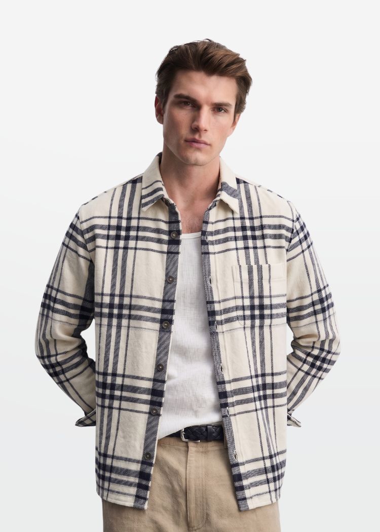 Cream Navy Plaid Flannel Overshirt — Men's Layering Shirt | Eagle Ray