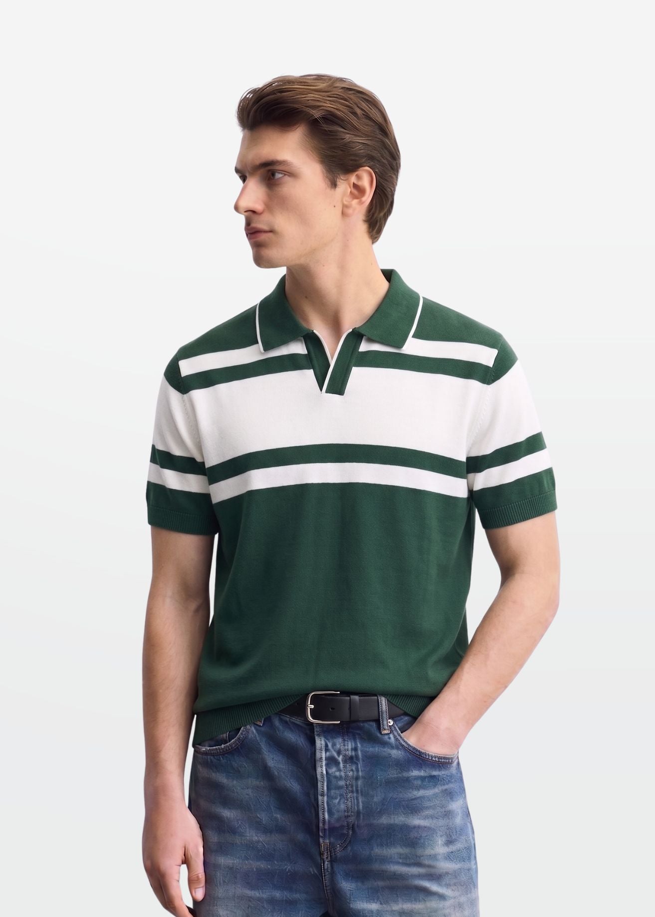 Forest Green Stripe J Collar Knit Polo — Men's Open Collar Knit Polo | Eagle Ray