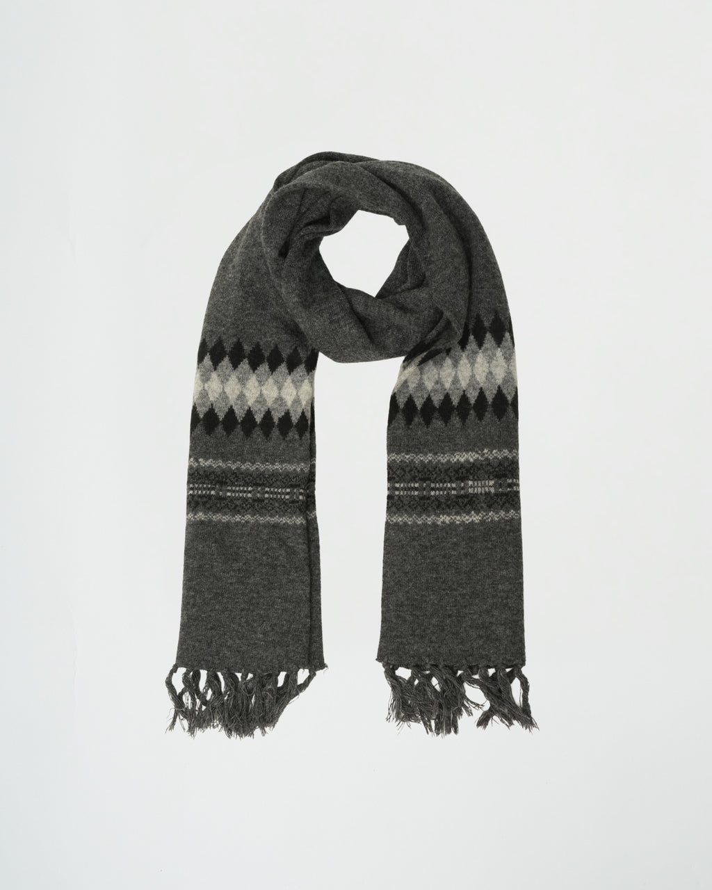 Gray scarf with patterned design on a white background