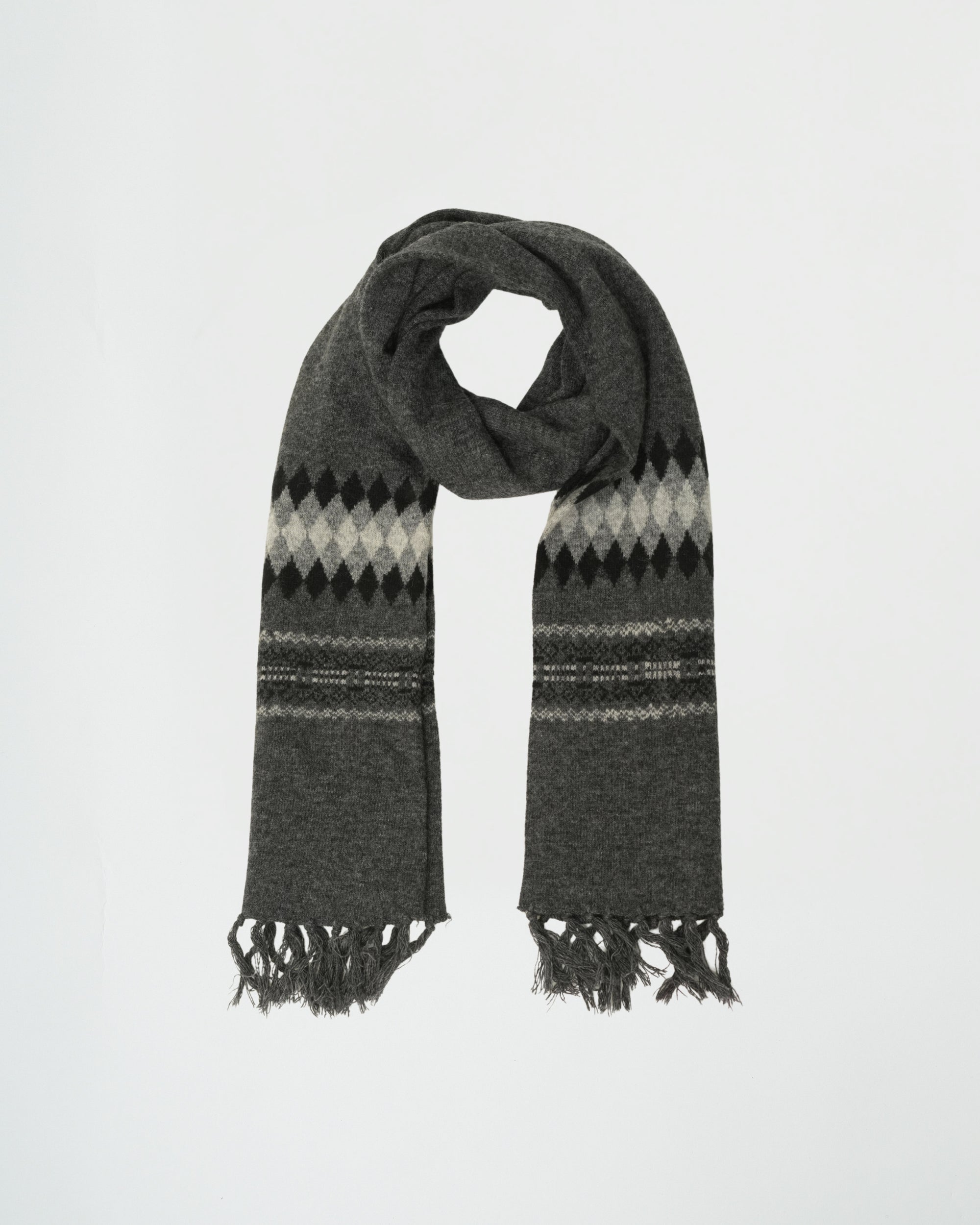 Gray scarf with patterned design on a white background