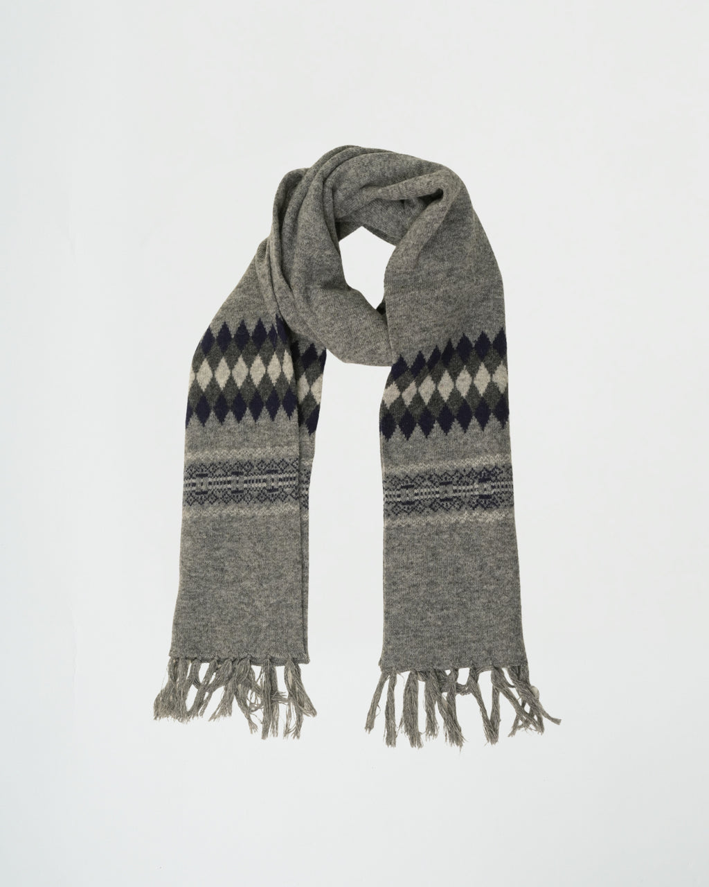 Gray scarf with patterned ends on a white background