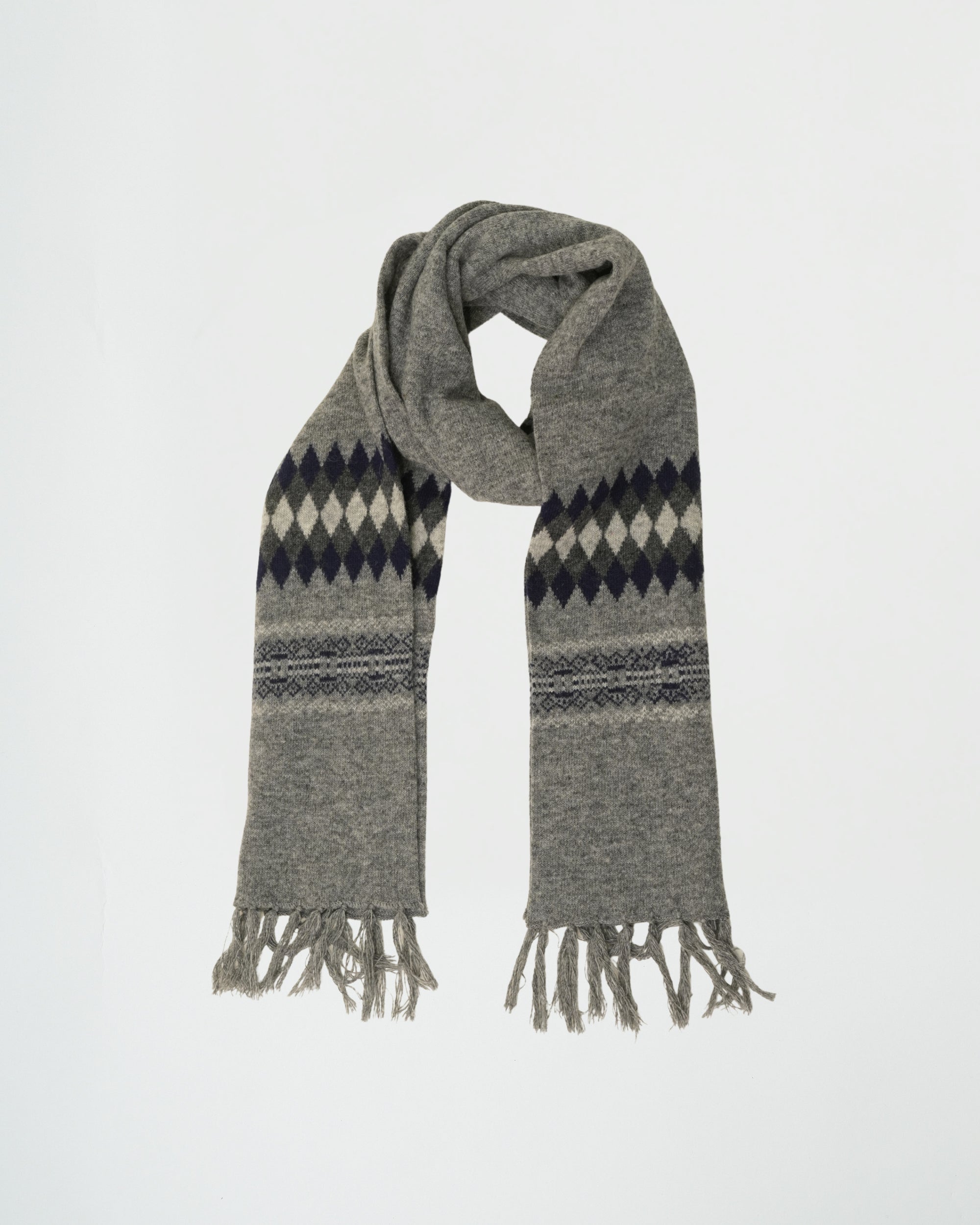 Gray scarf with patterned ends on a white background
