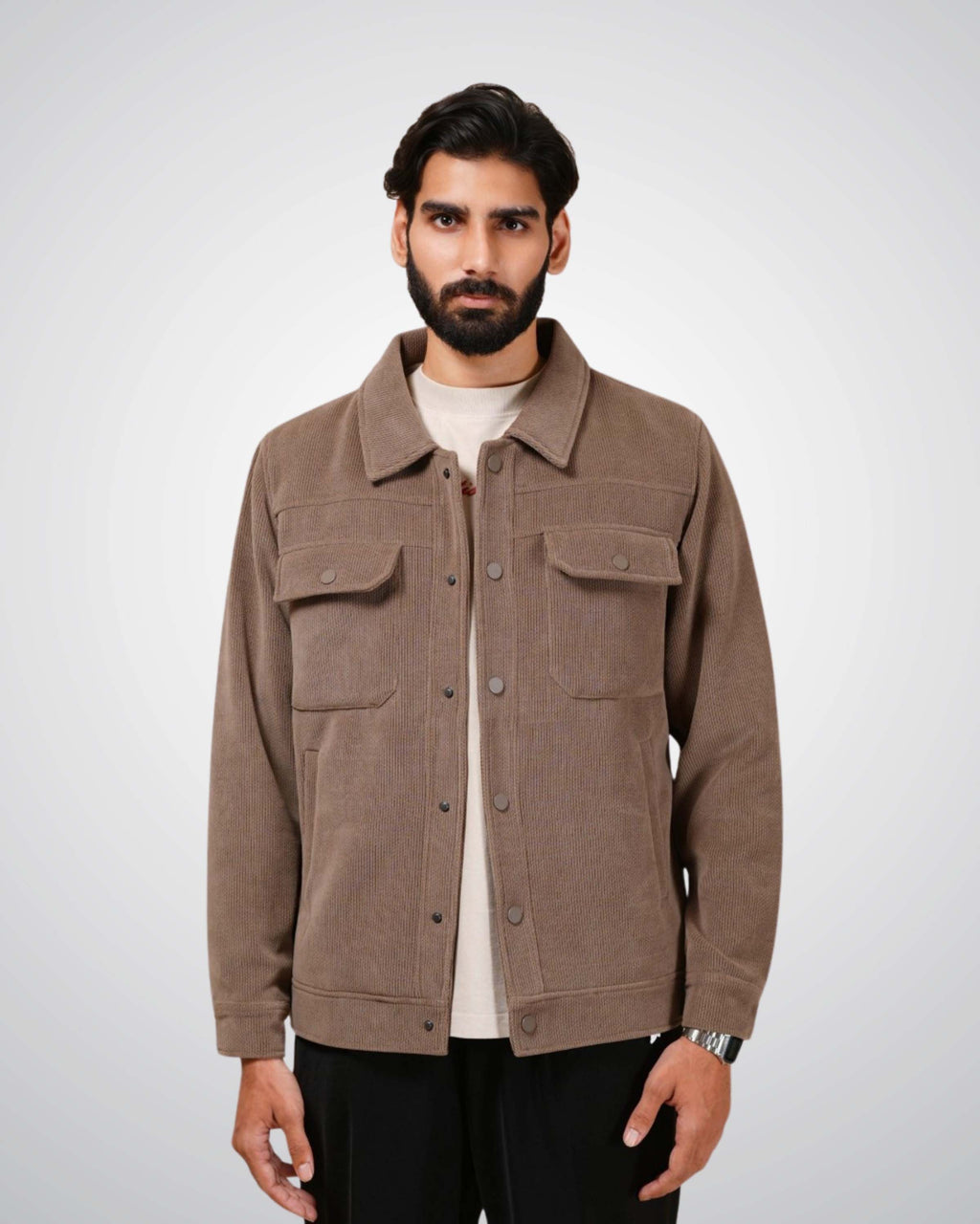 Man wearing a brown jacket on a white background