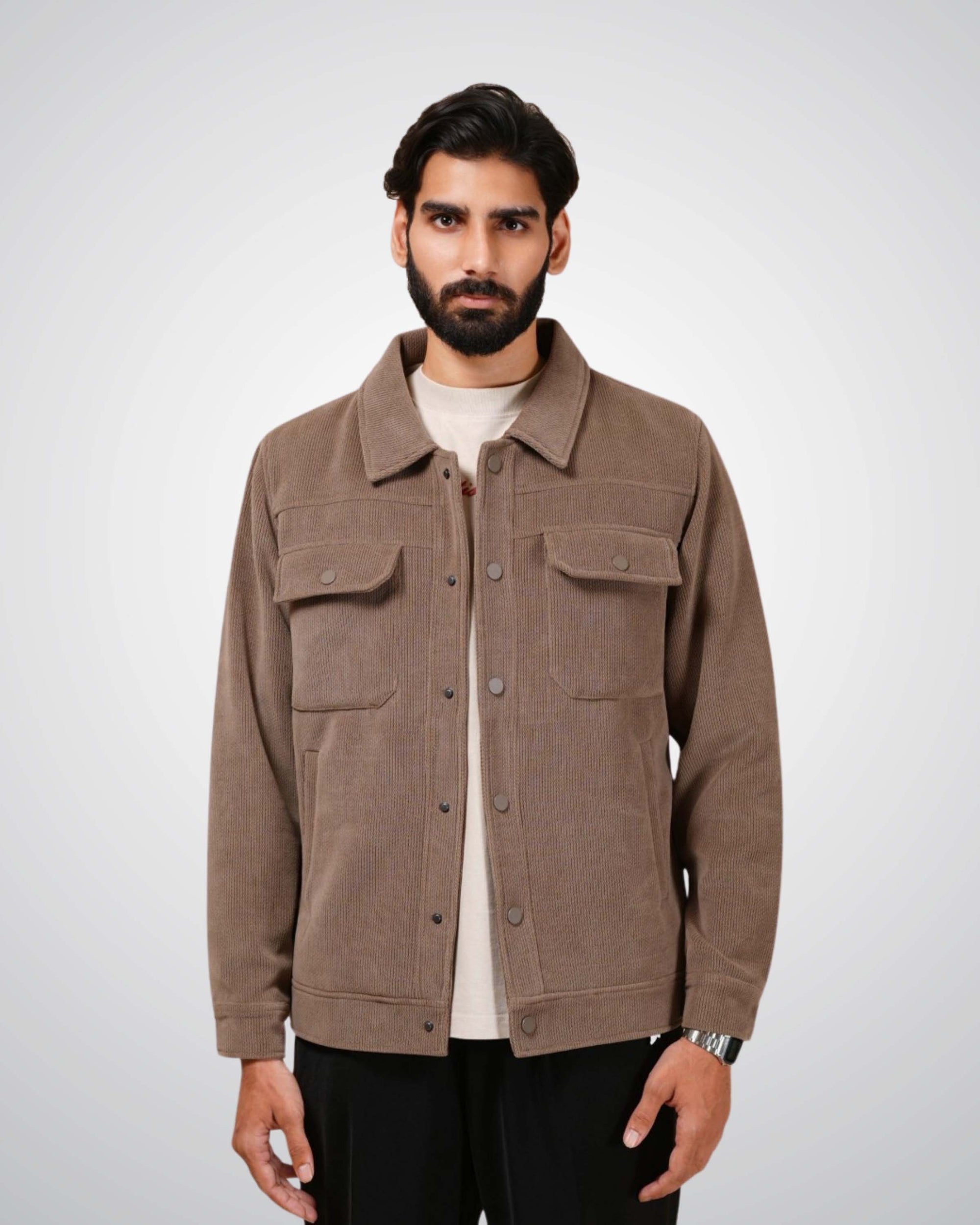 Man wearing a brown jacket on a white background