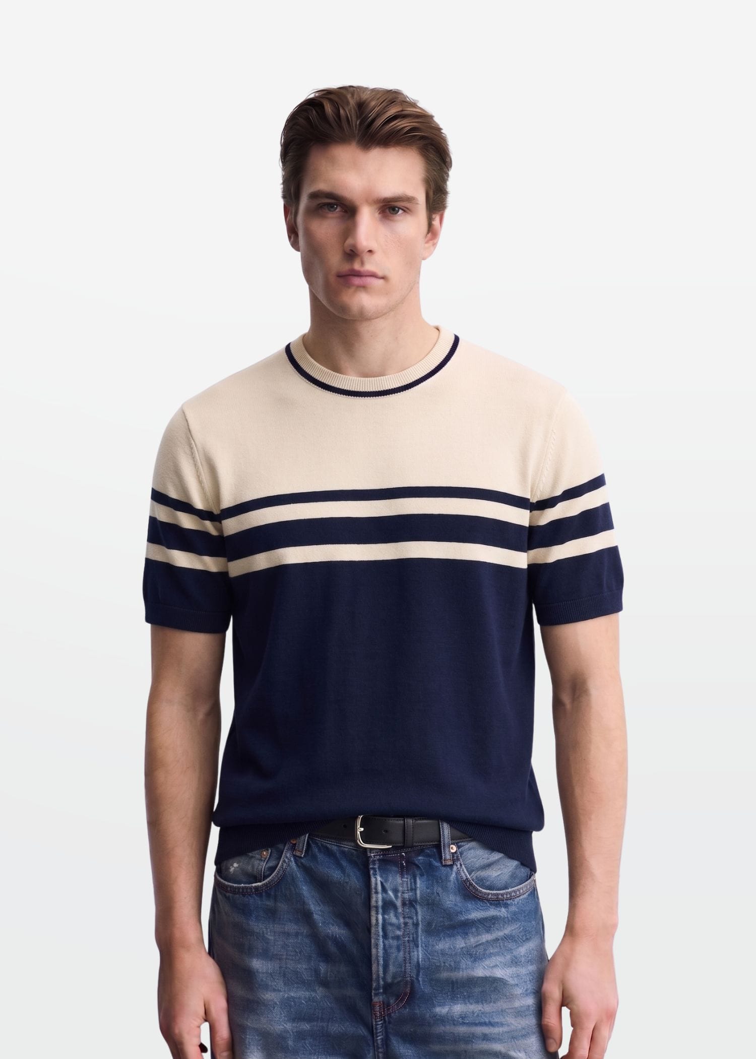 Navy Ivory Stripe Crew Neck Knit T-Shirt