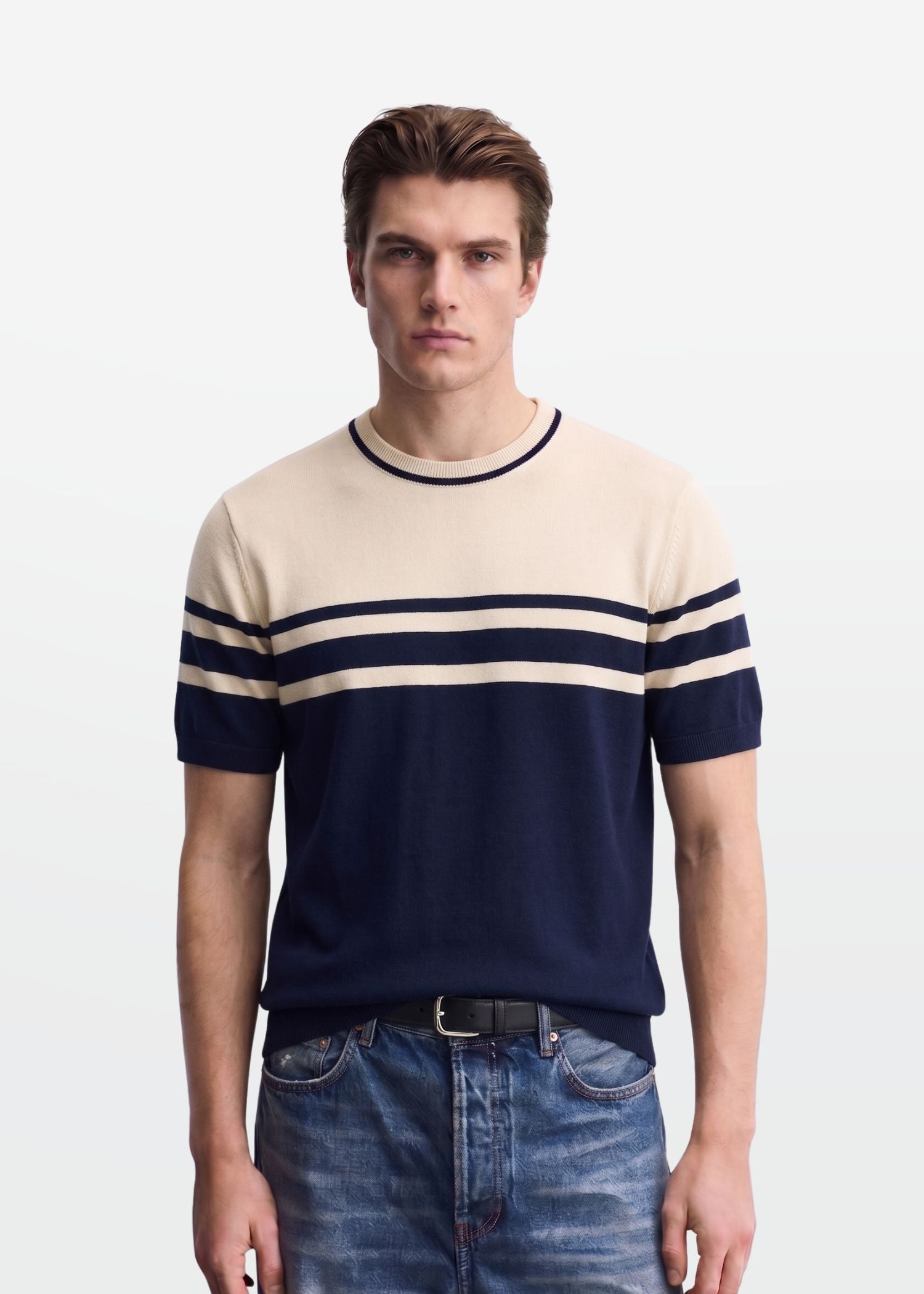 Navy Ivory Stripe Crew Neck Knit T-Shirt