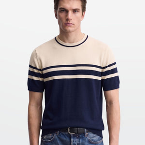 Navy Ivory Stripe Crew Neck Knit T-Shirt