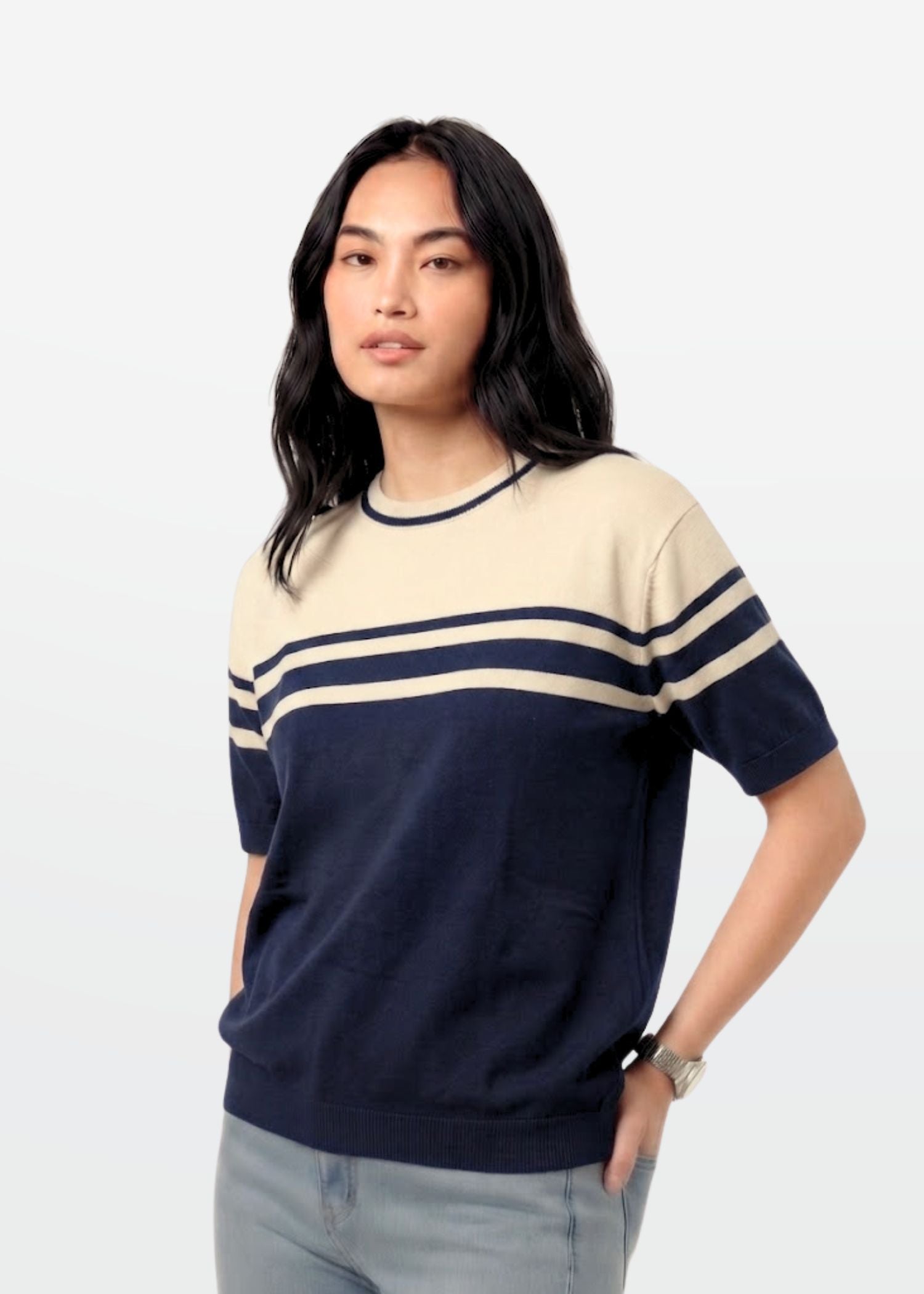 Navy Ivory Stripe Crew Neck Knit T-Shirt