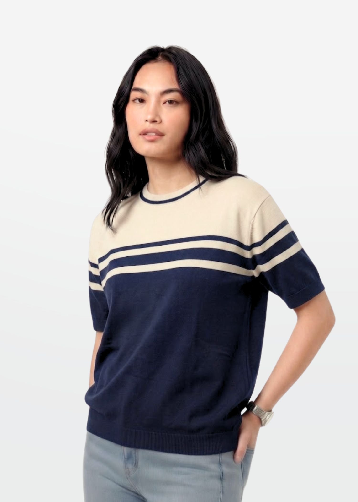 Navy Ivory Stripe Crew Neck Knit T-Shirt