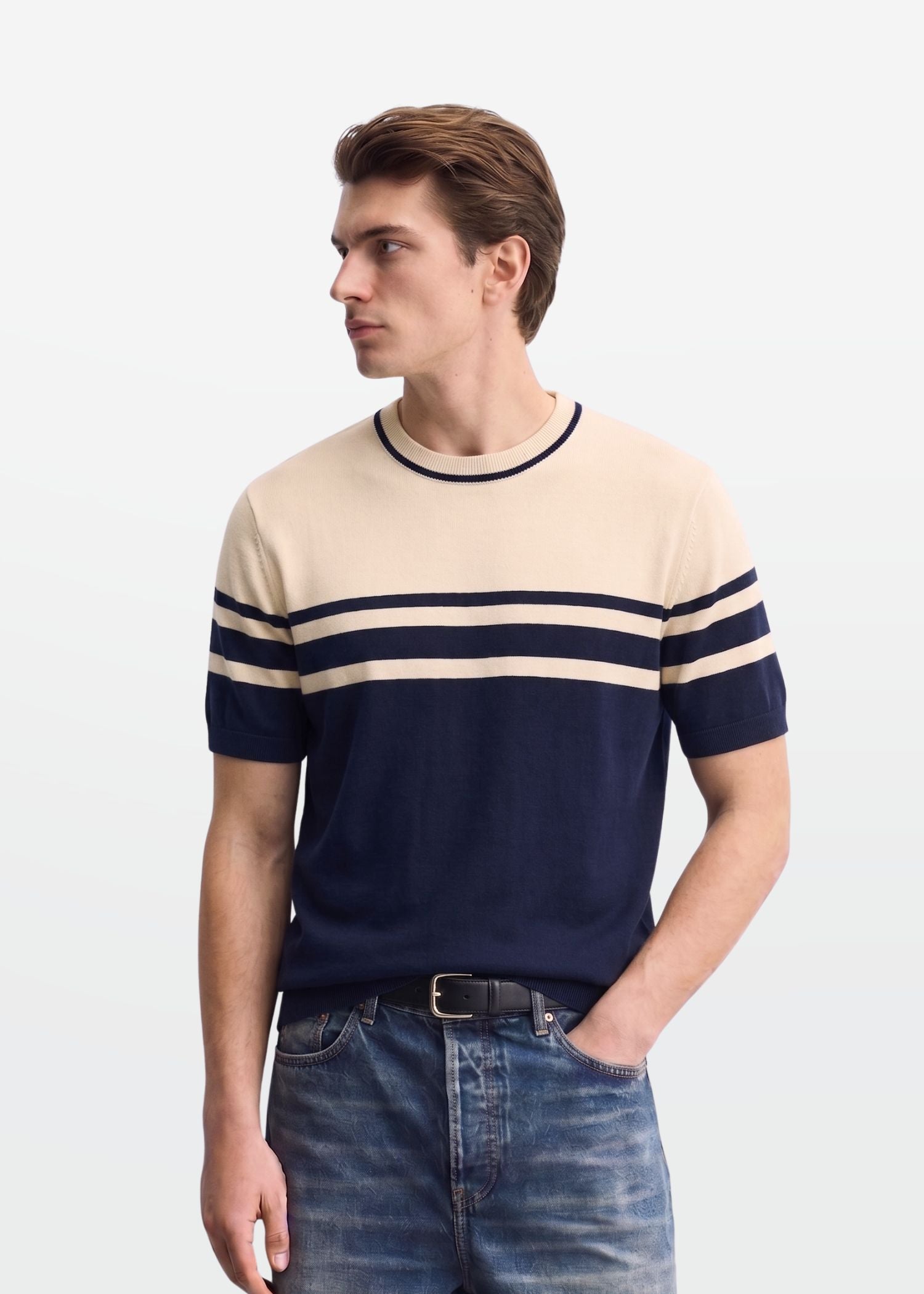 Navy Ivory Stripe Crew Neck Knit T-Shirt