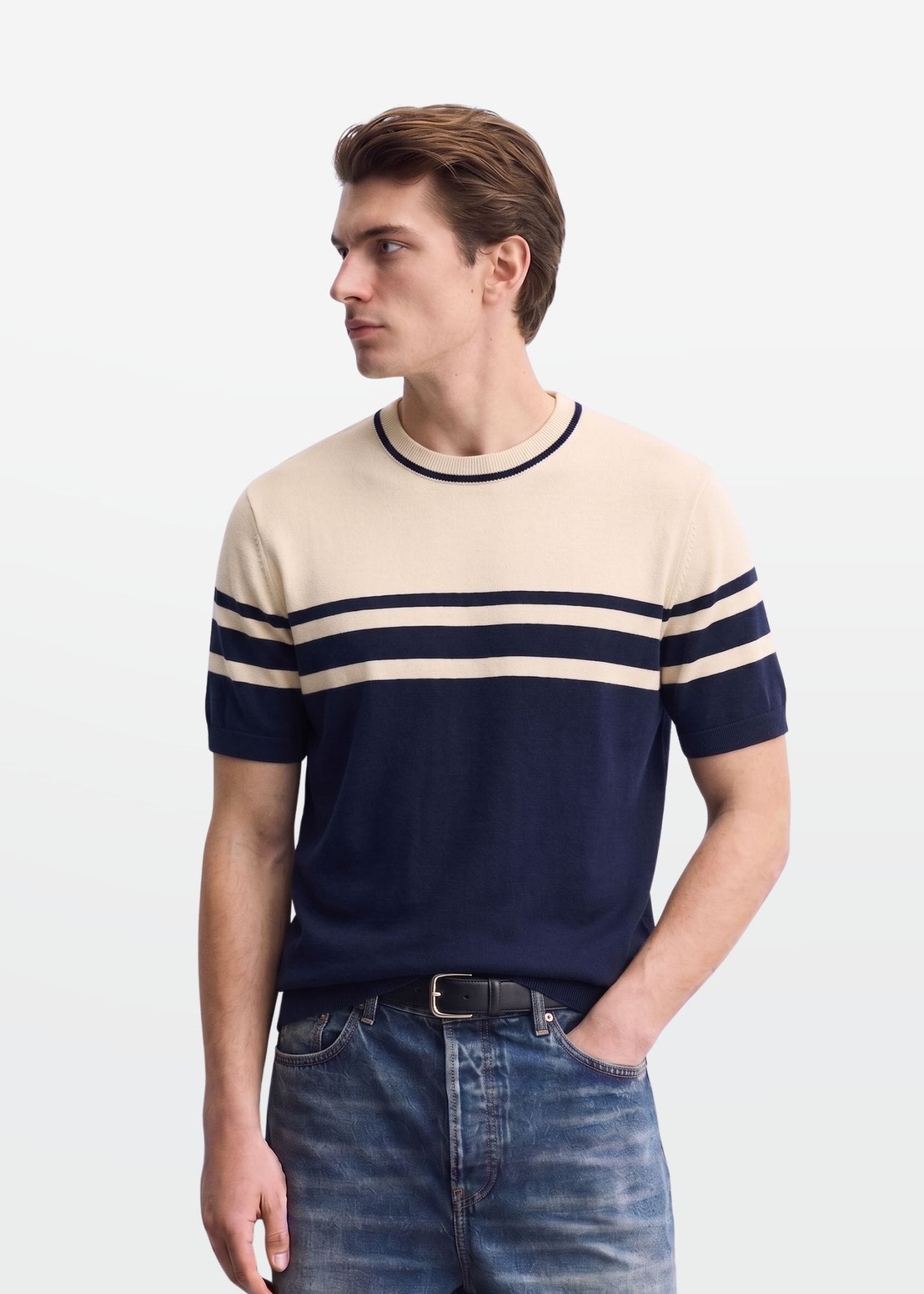 Navy Ivory Stripe Crew Neck Knit T-Shirt