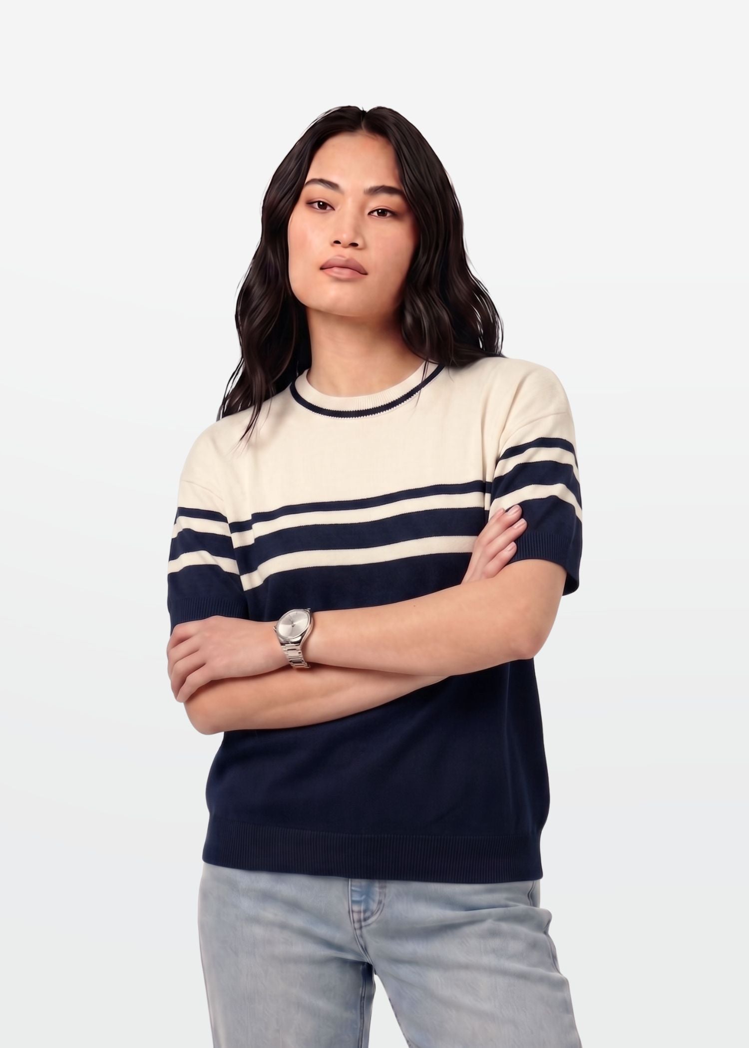 Navy Ivory Stripe Crew Neck Knit T-Shirt