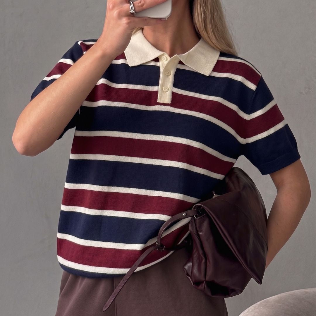 Navy Maroon Multi Stripe Knit Polo Shirt