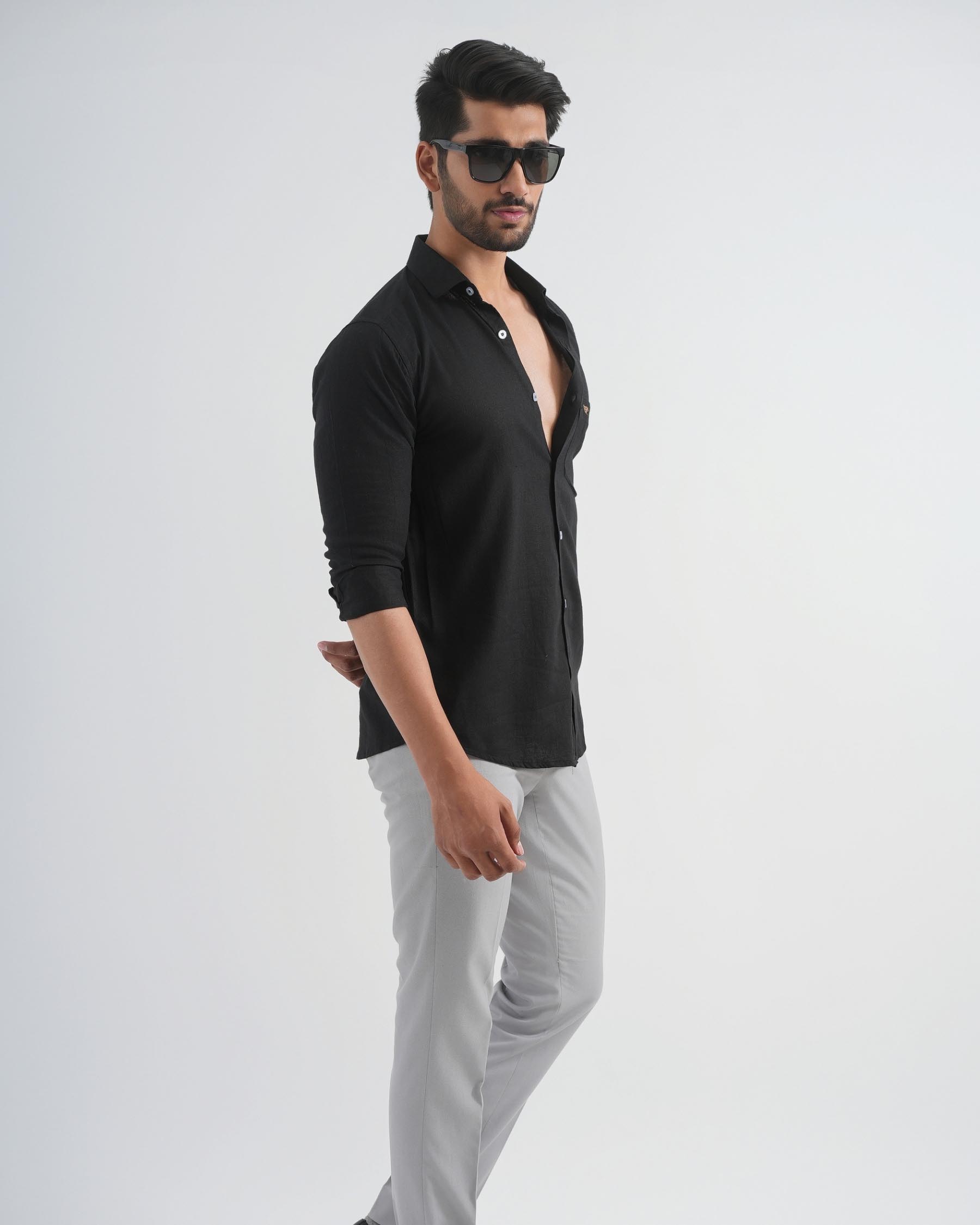 Onyx Black Viscose Linen Shirt