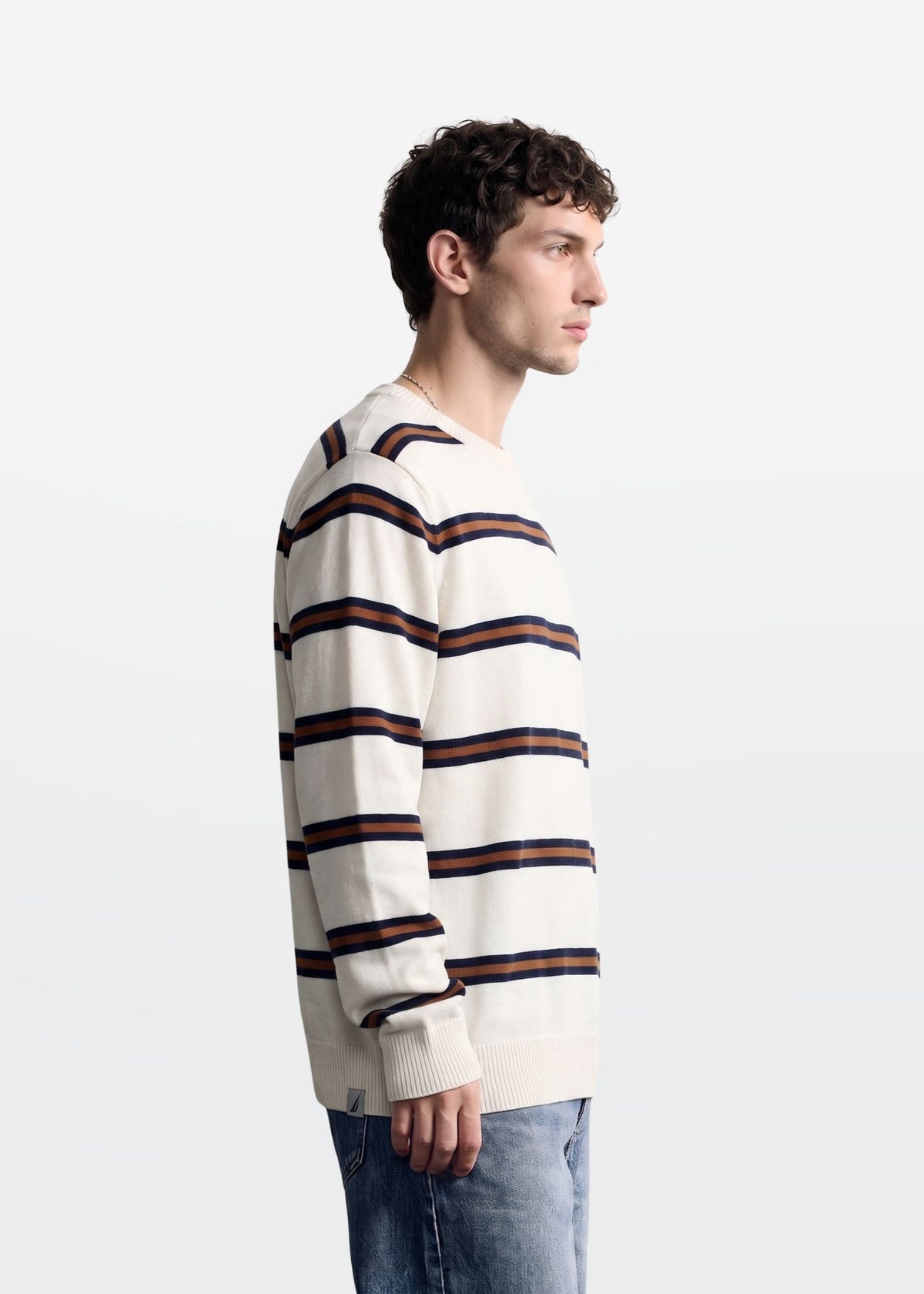 Ivory Navy Tan Stripe Full Sleeve Knit T-Shirt