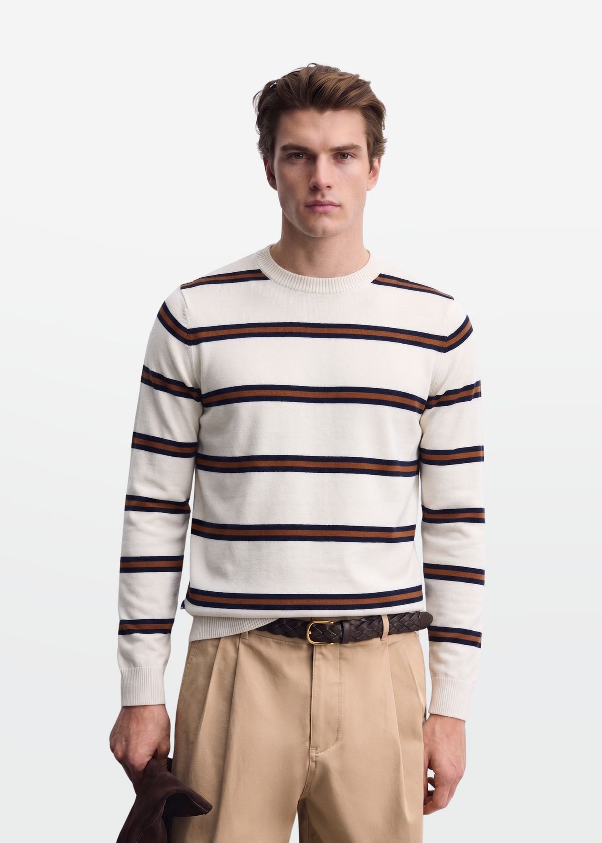 Ivory Navy Tan Stripe Full Sleeve Knit T-Shirt