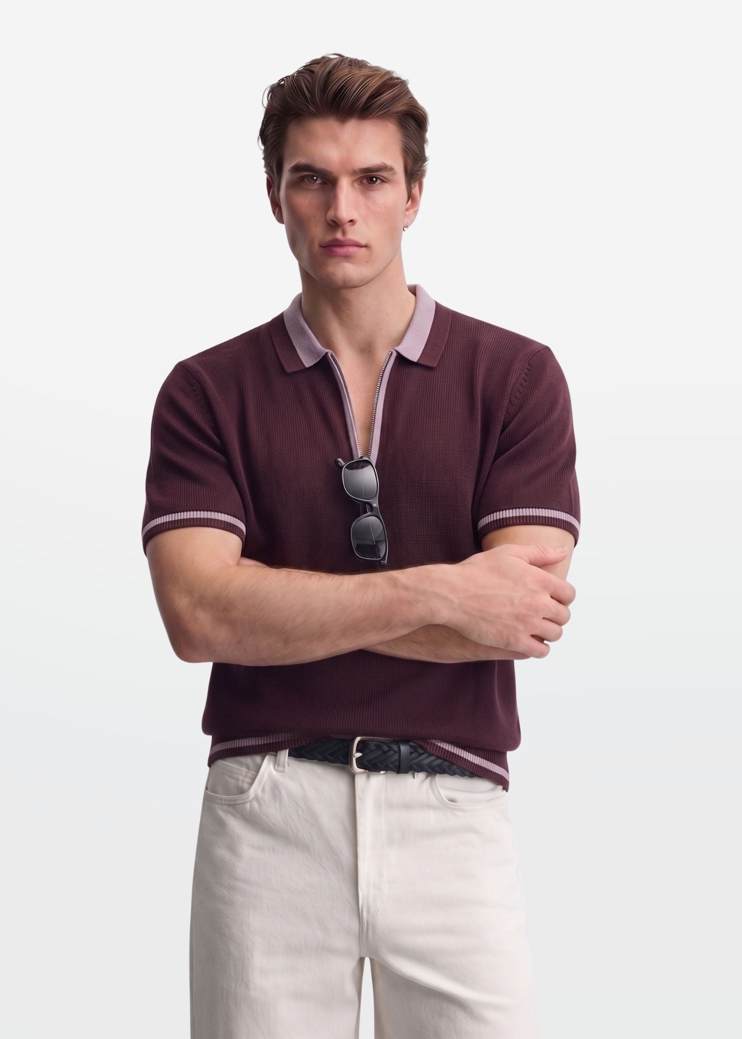 Wine Lilac Tipped Zip Polo Shirt