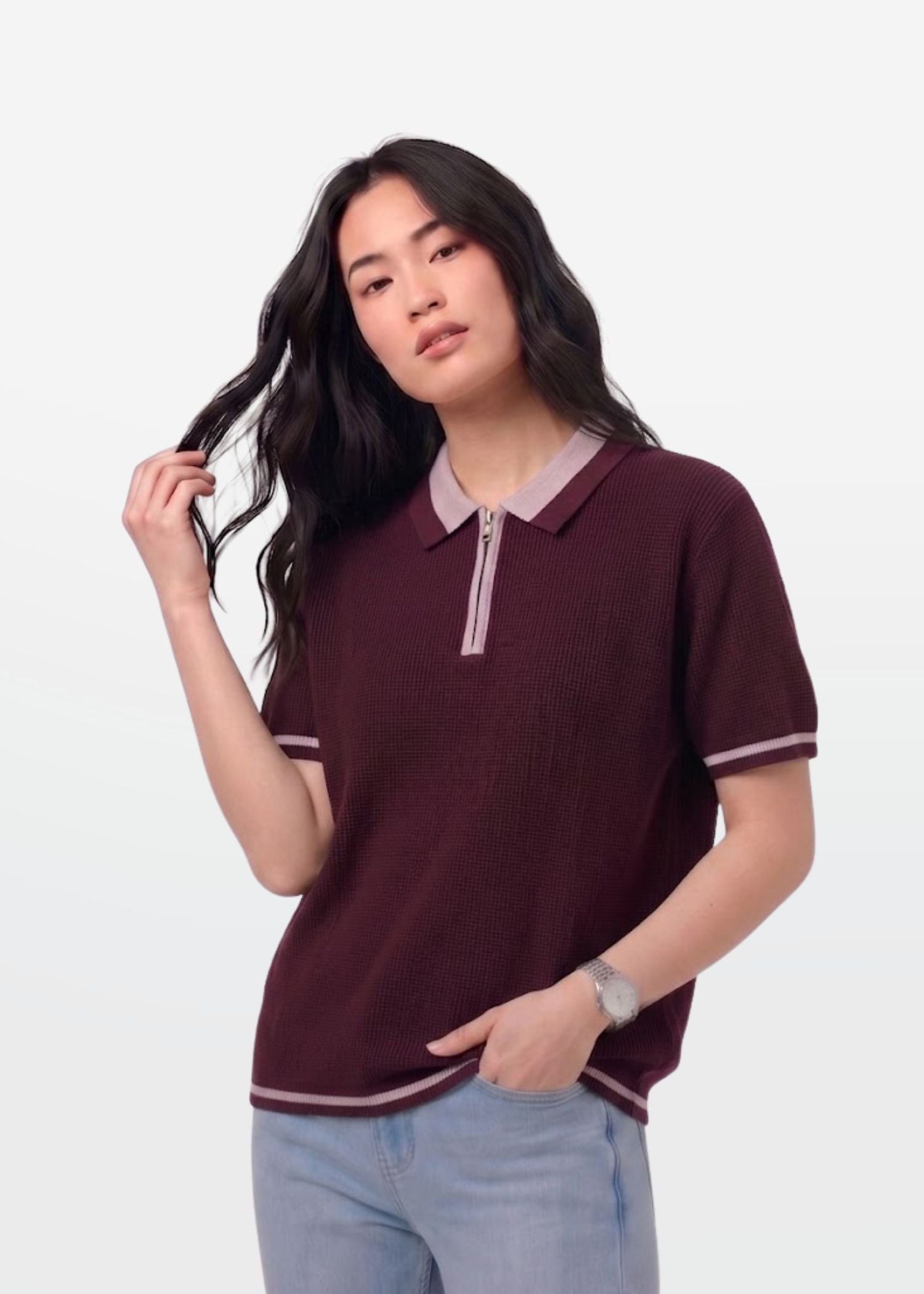 Wine Lilac Tipped Zip Polo Shirt