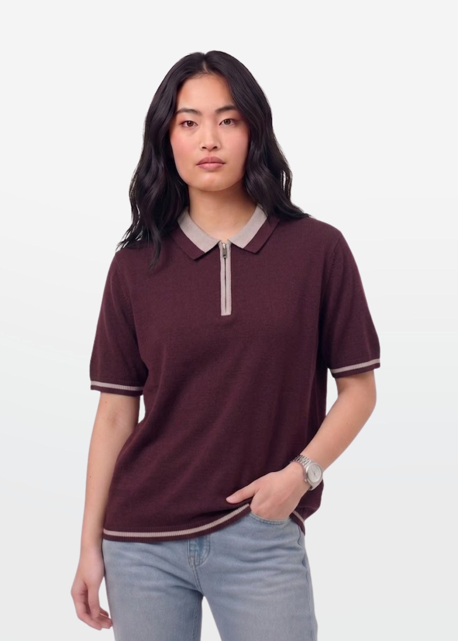 Wine Lilac Tipped Zip Polo Shirt