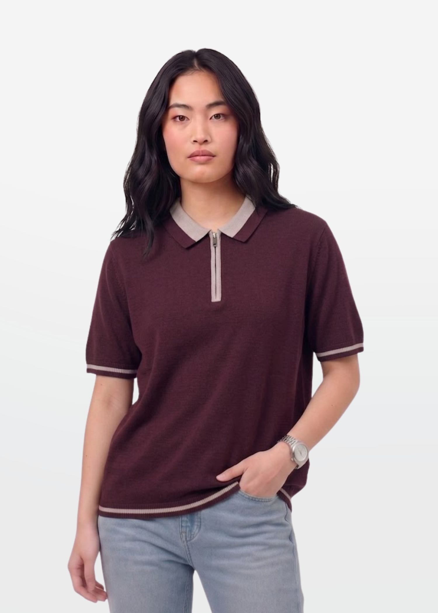 Wine Lilac Tipped Zip Polo Shirt