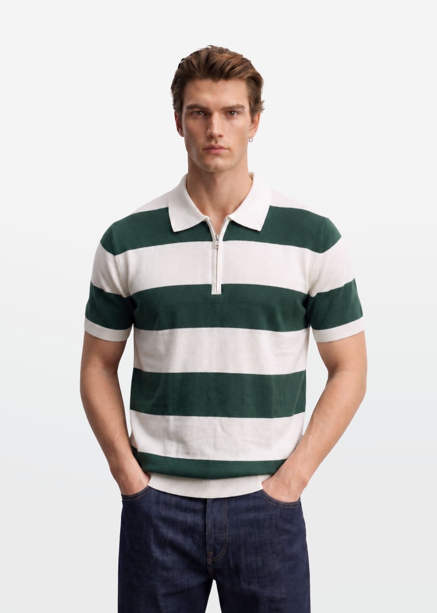 Green Block Stripe Zip Polo Shirt