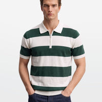 Green Block Stripe Zip Polo Shirt