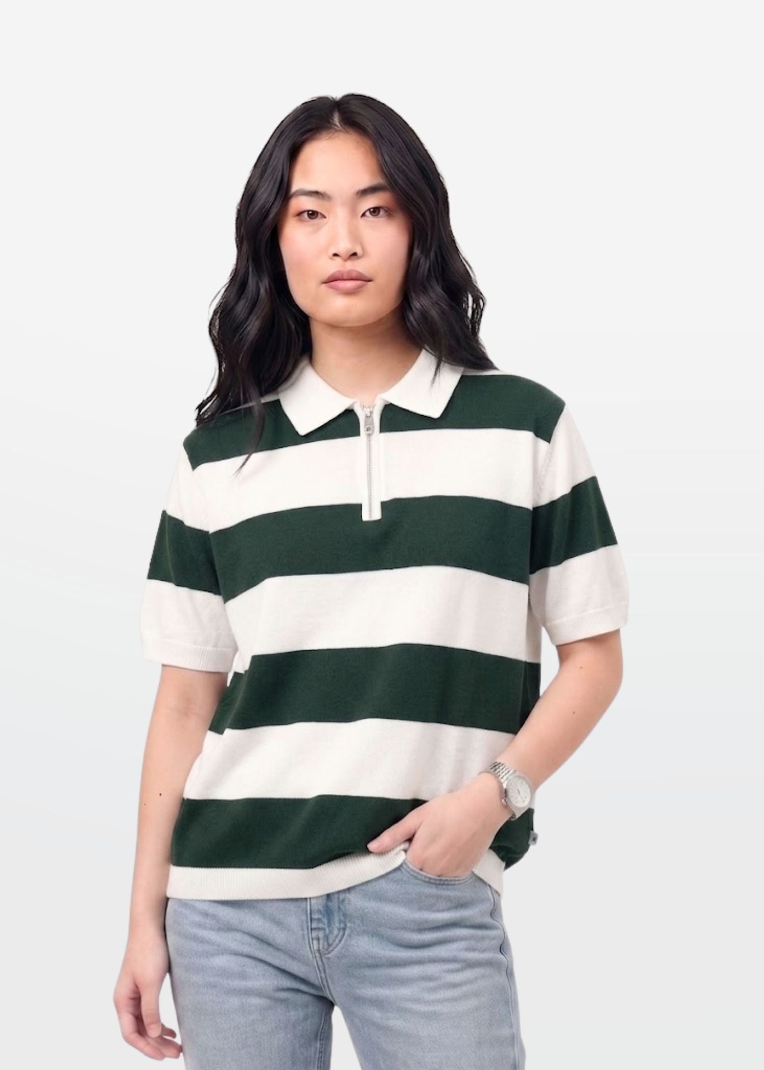 Green Block Stripe Zip Polo Shirt