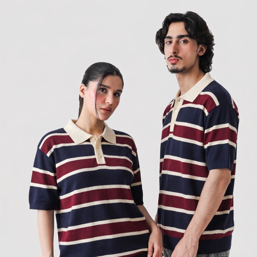 Navy Maroon Multi Stripe Knit Polo Shirt