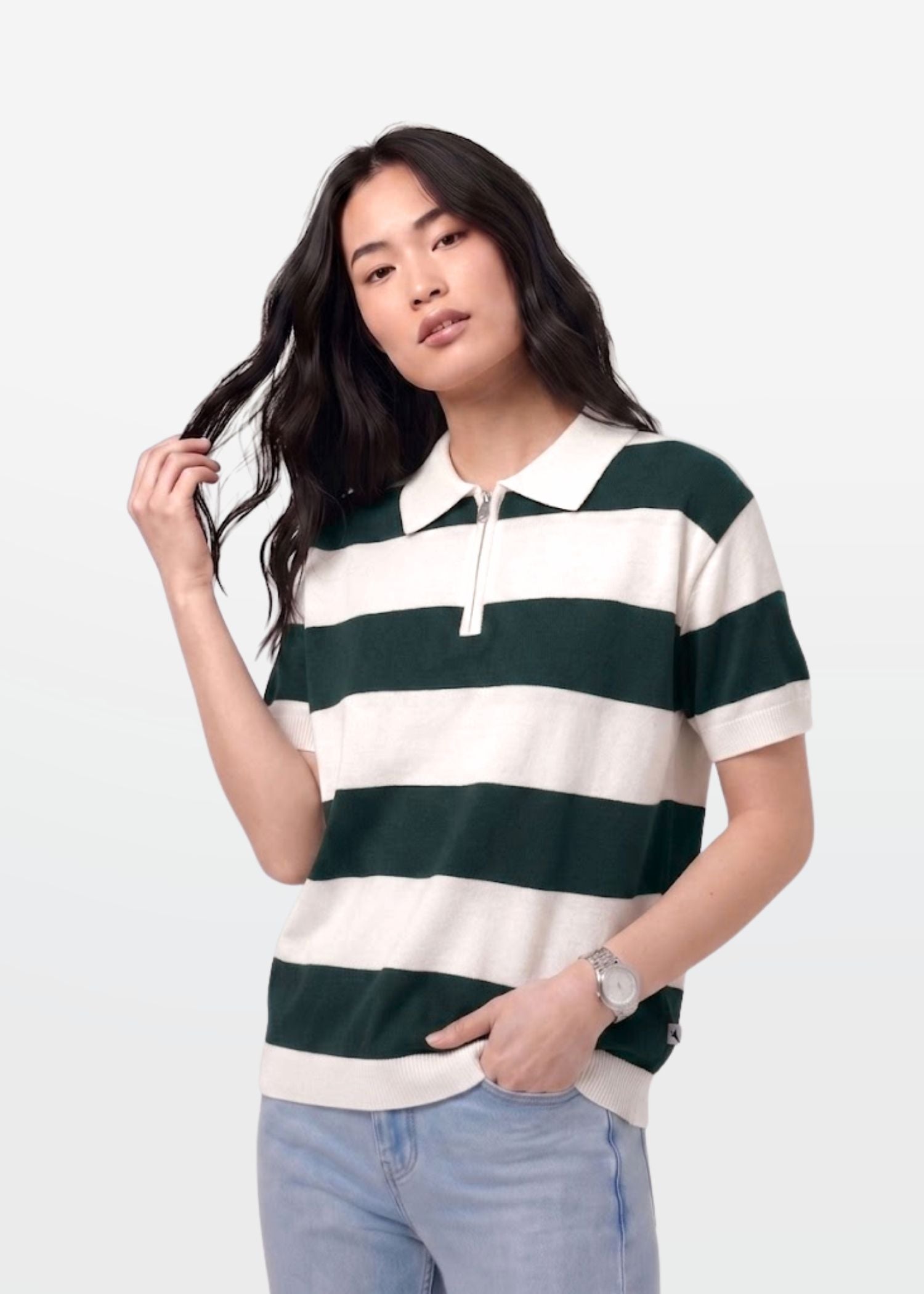 Green Block Stripe Zip Polo Shirt