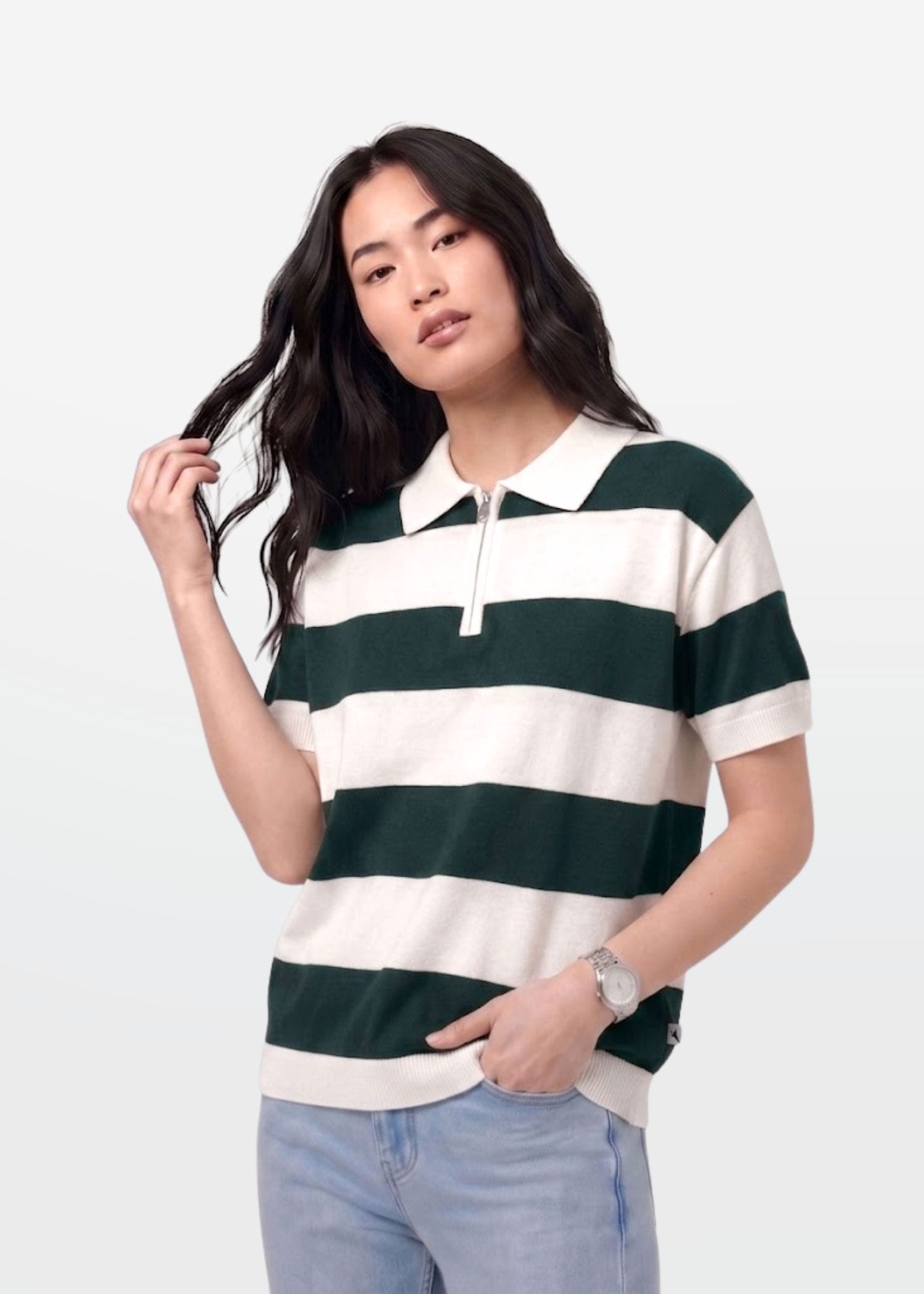 Green Block Stripe Zip Polo Shirt