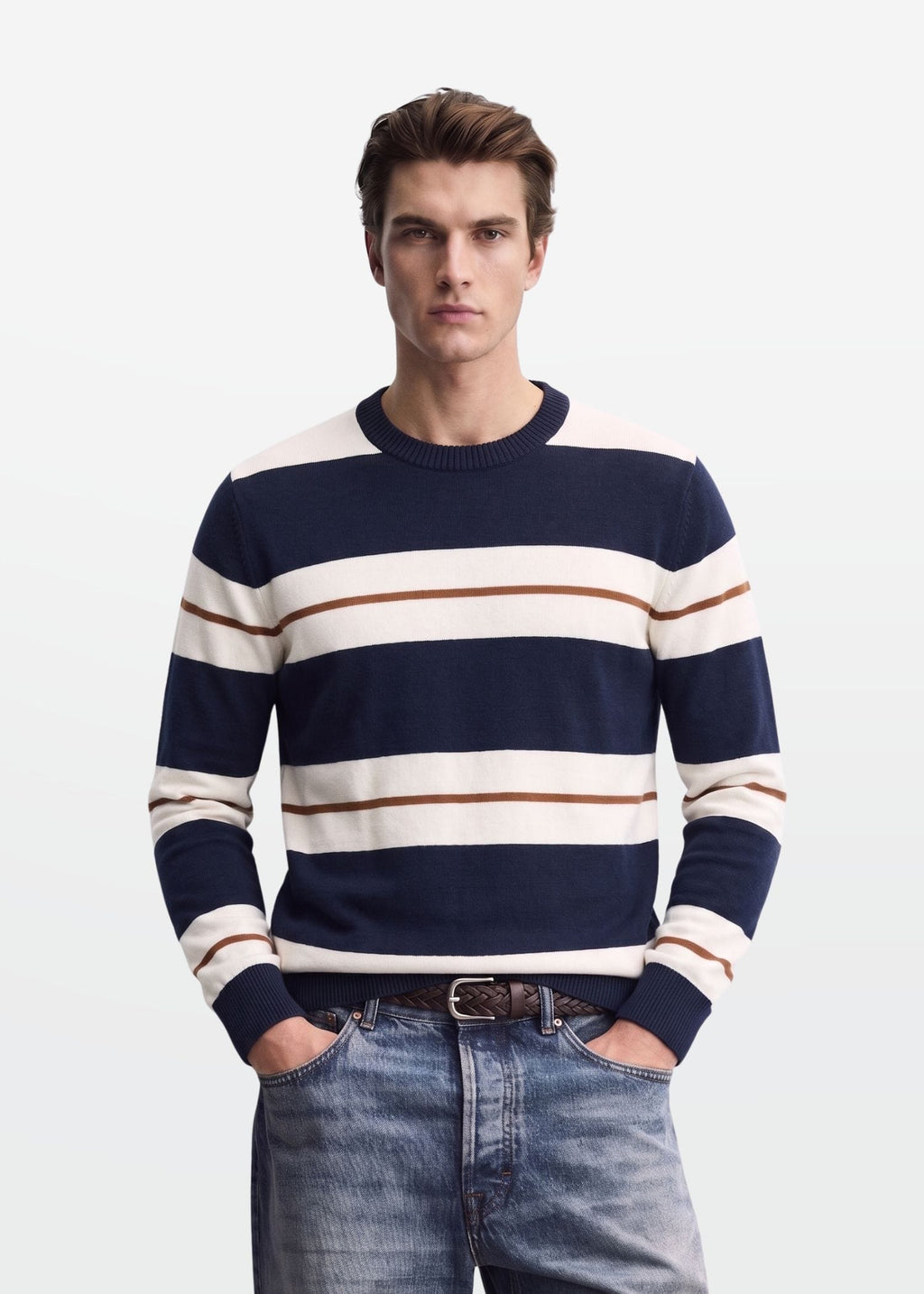 Full Sleeve Tee in Navy Ivory — Men's Knit T-Shirt | Eagle Ray