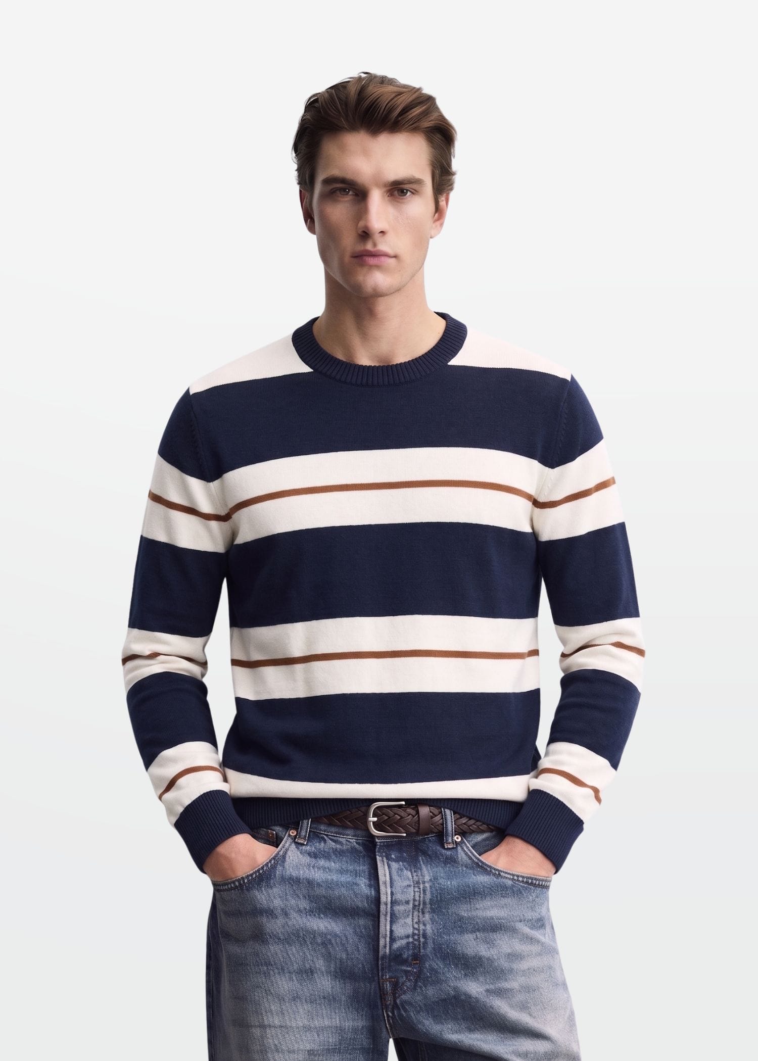 Navy Ivory Stripe Full Sleeve Knit T-Shirt