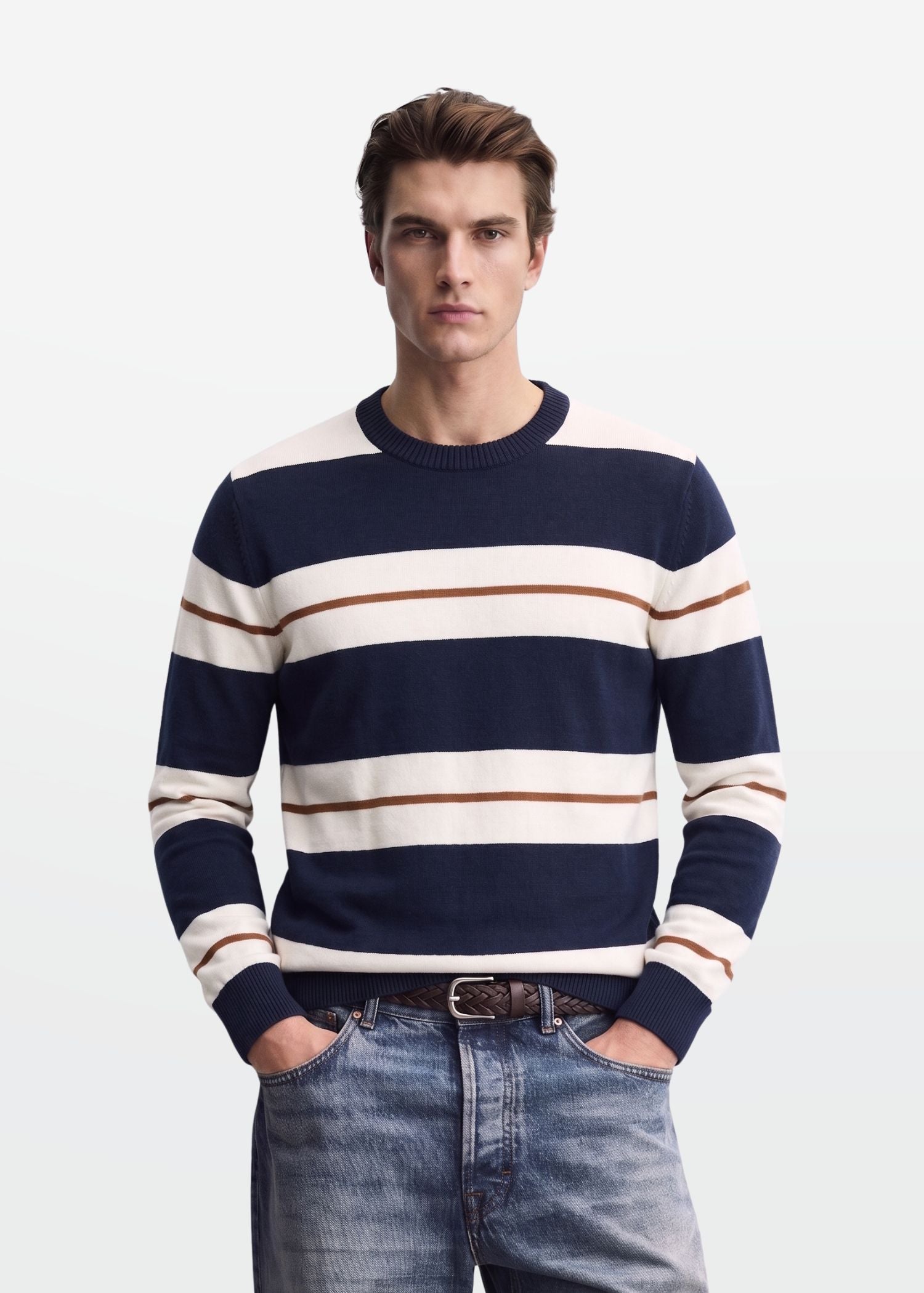 Navy Ivory Stripe Full Sleeve Knit T-Shirt