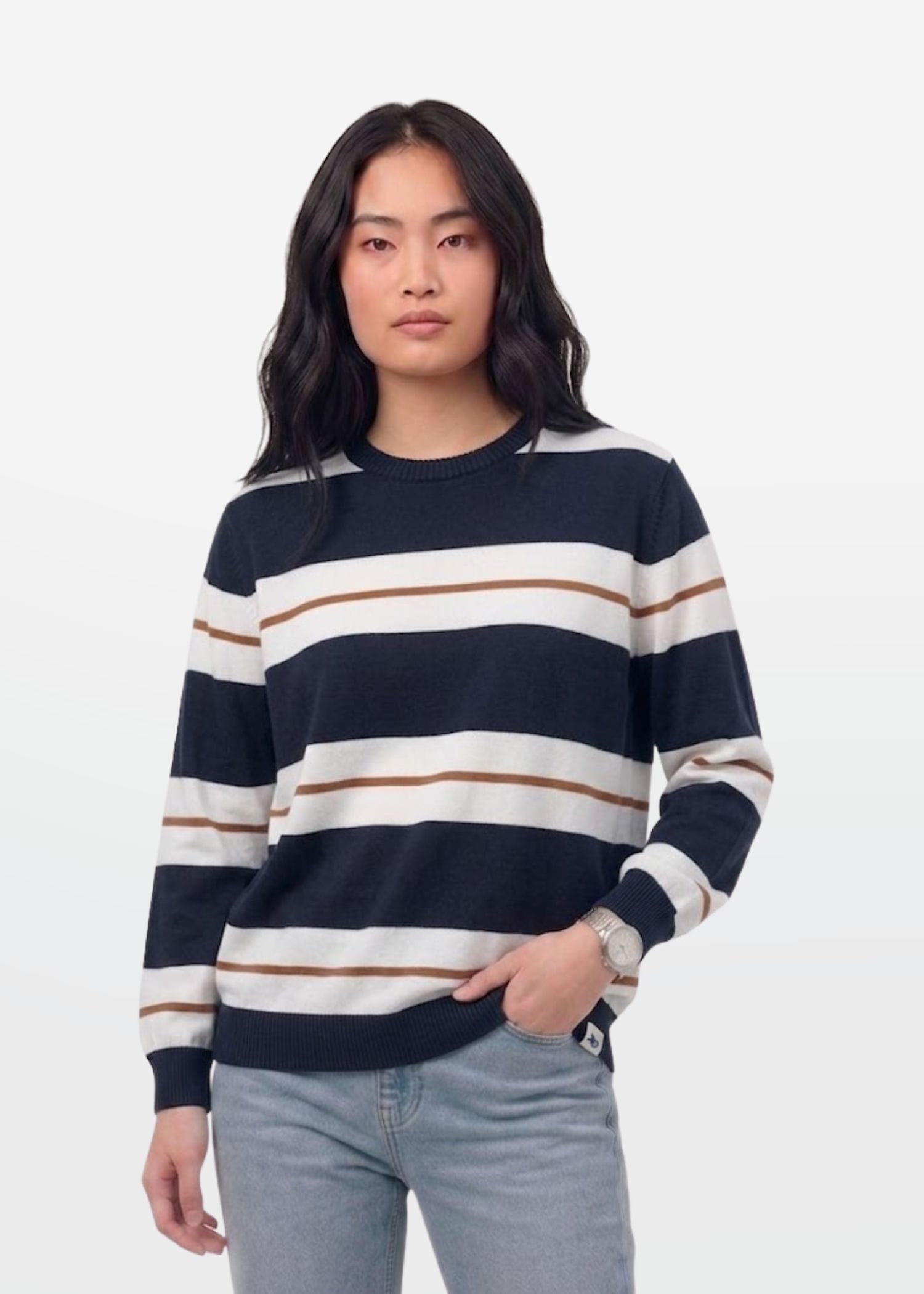 Navy Ivory Stripe Full Sleeve Knit T-Shirt