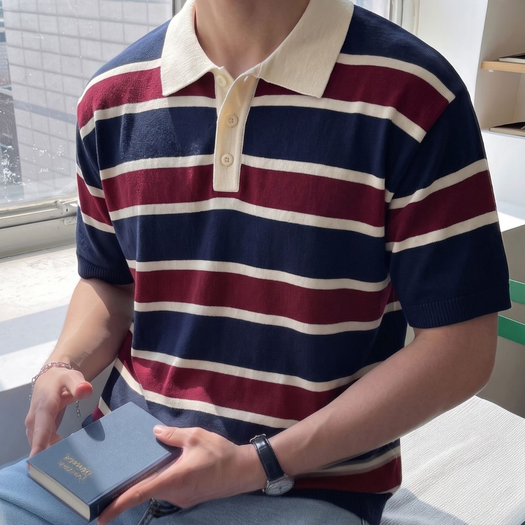 Navy Maroon Multi Stripe Knit Polo Shirt