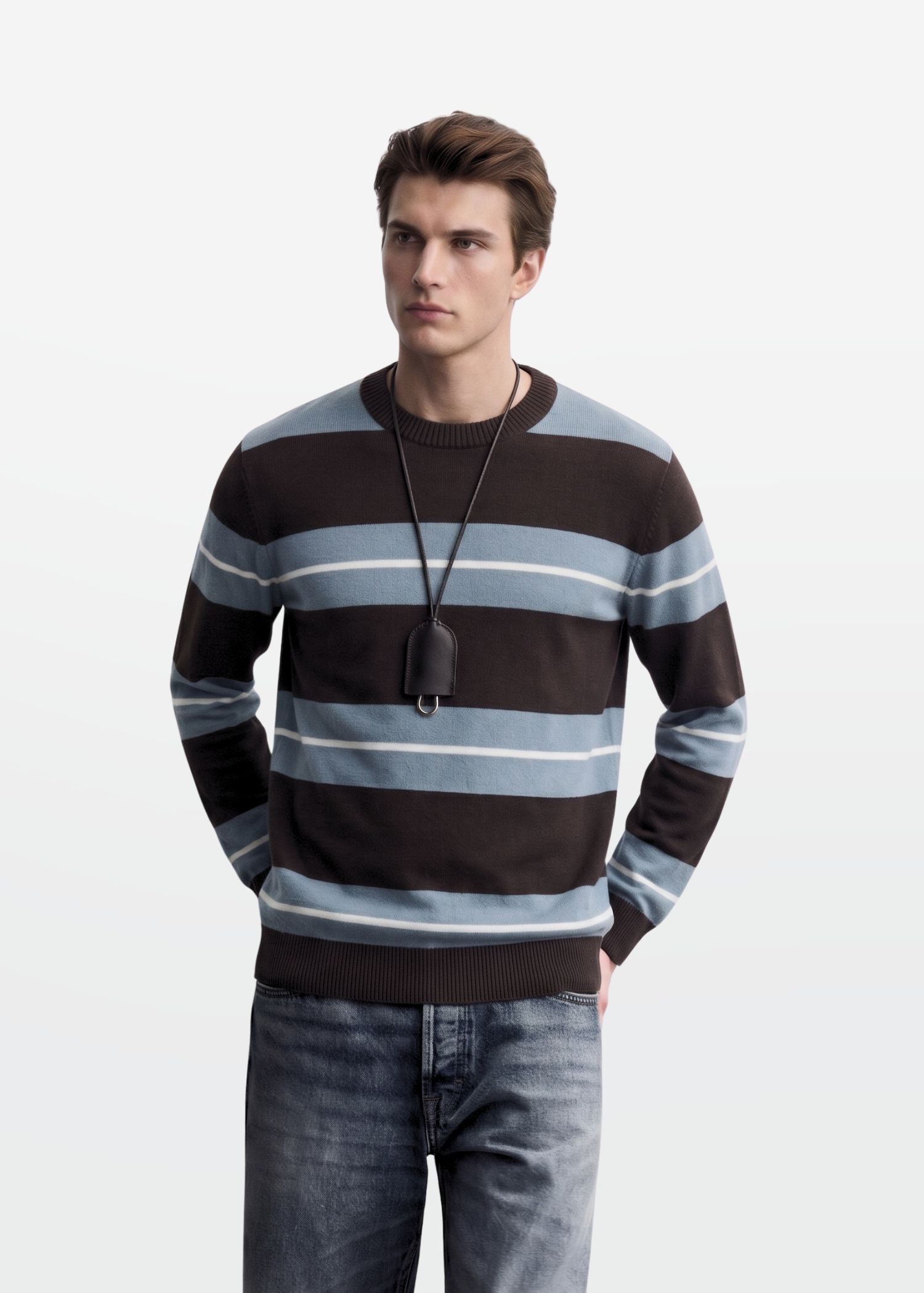 Brown Blue Stripe Full Sleeve Knit T-Shirt