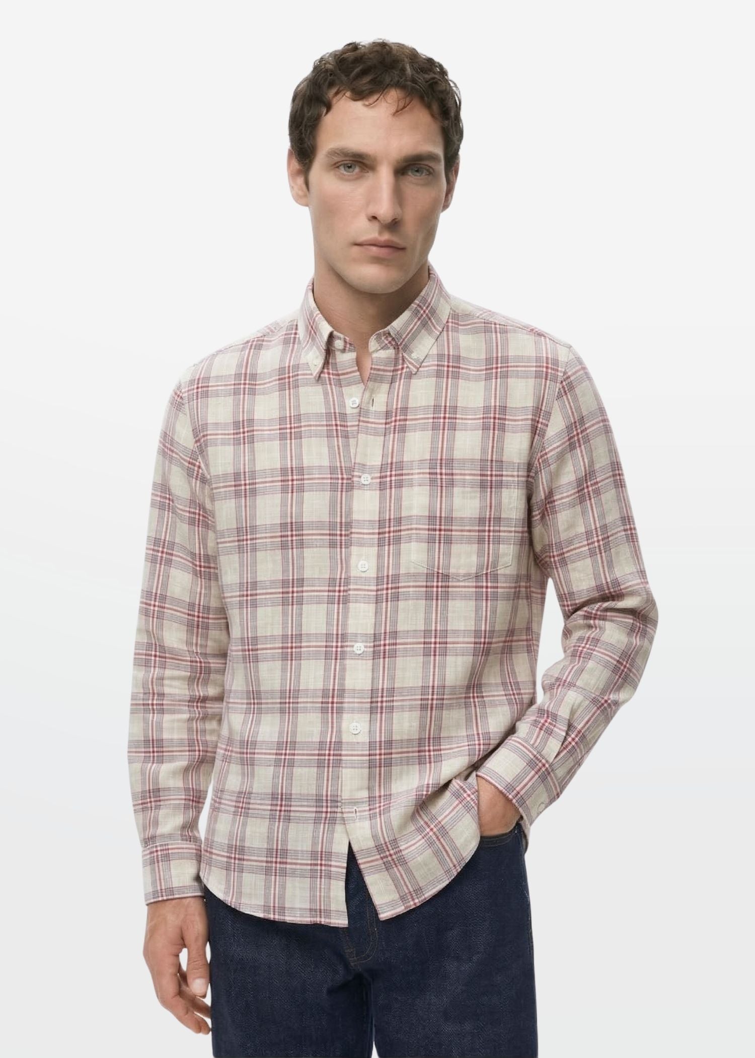 Sand Red Check Linen Blend Shirt