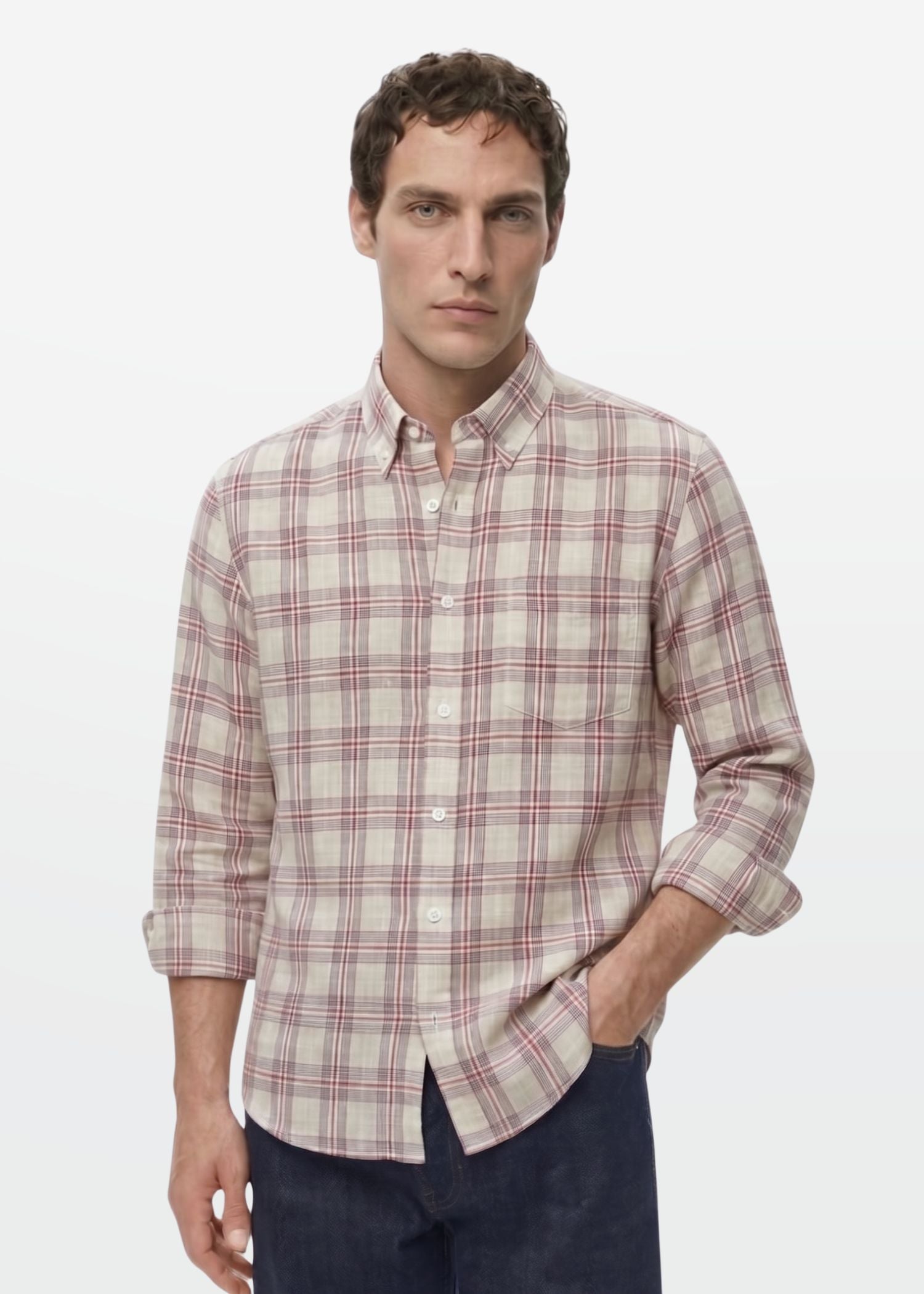 Sand Red Check Linen Blend Shirt