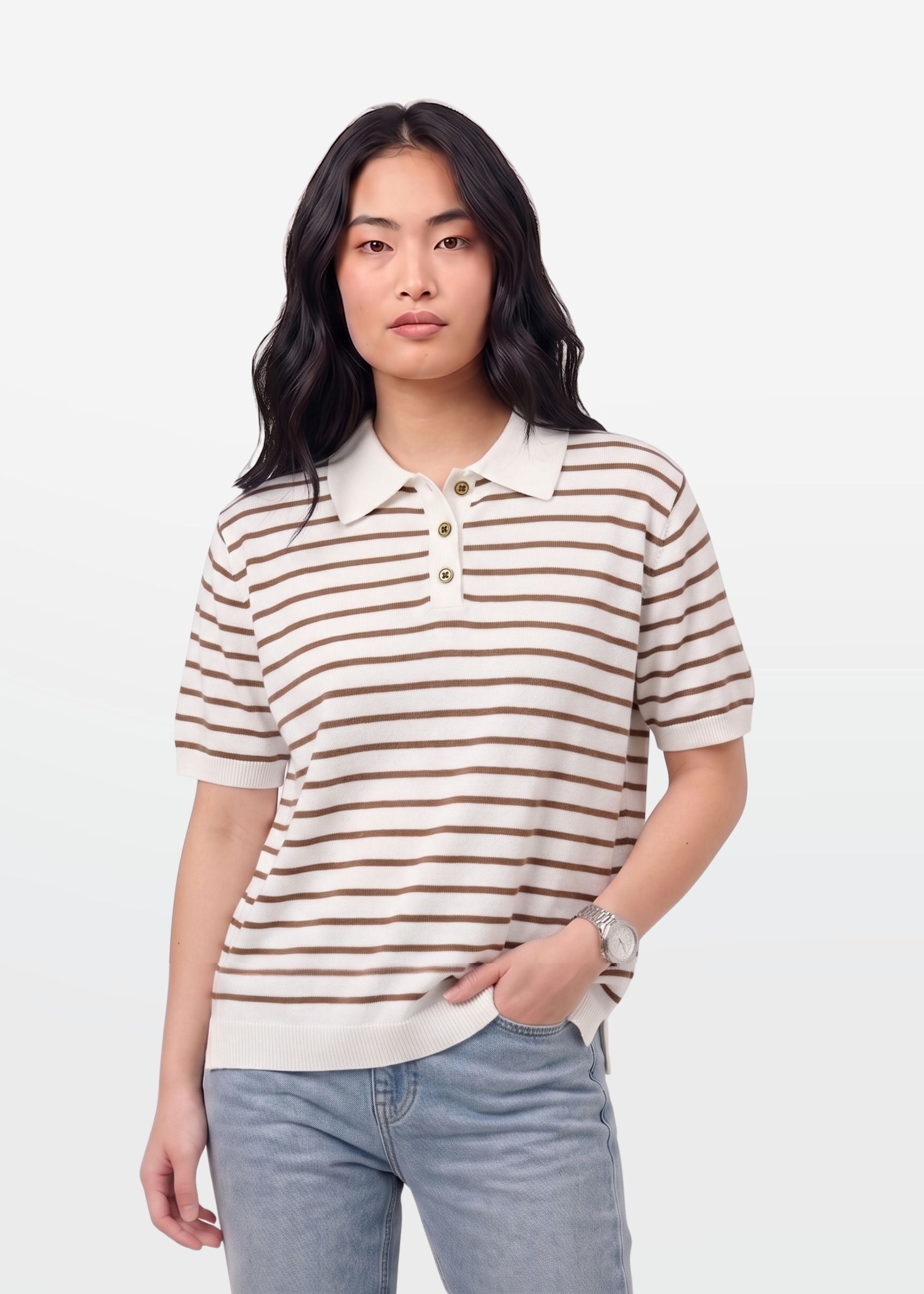 Brown Stripe Knit Polo Shirt