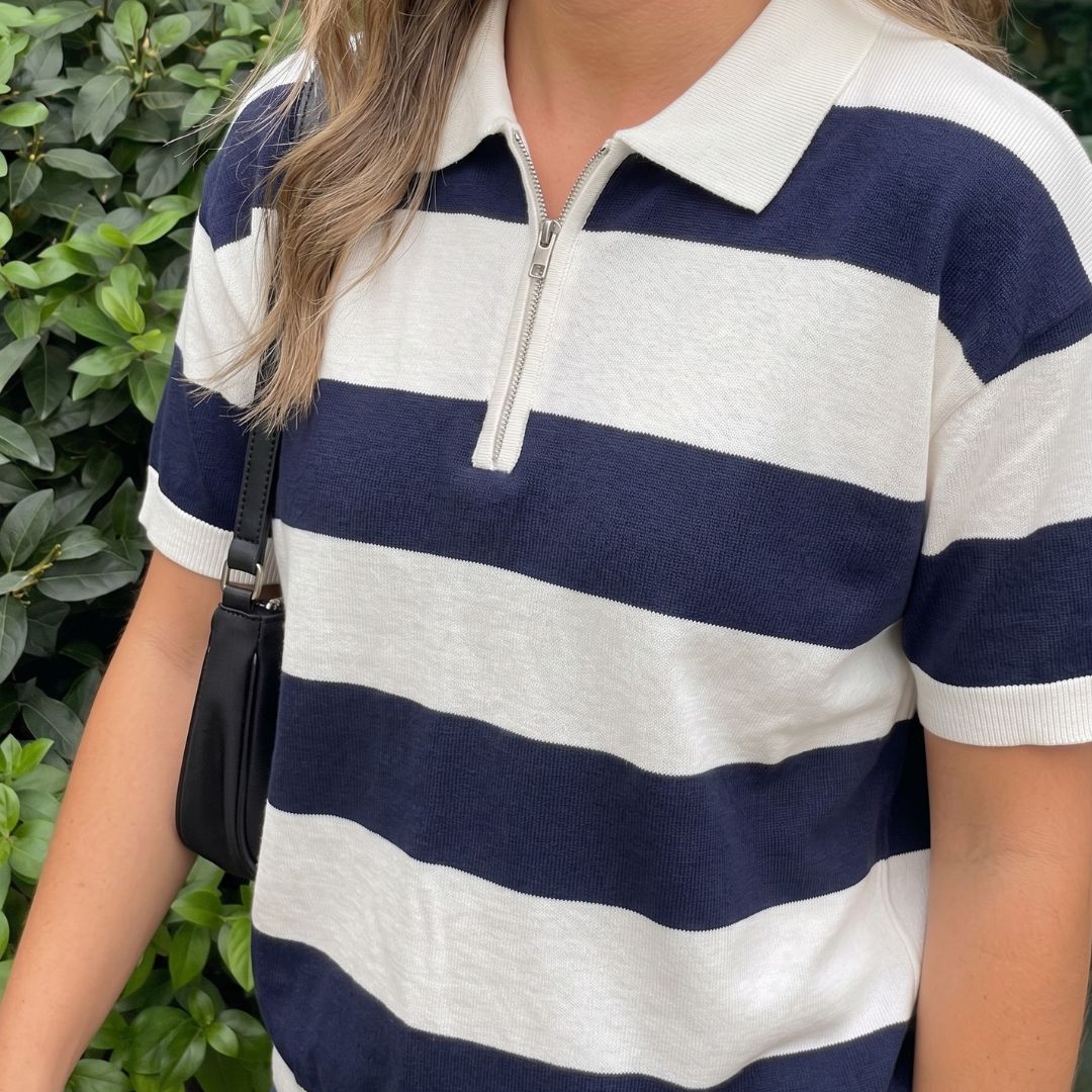 Navy Block Stripe Zip Polo Shirt