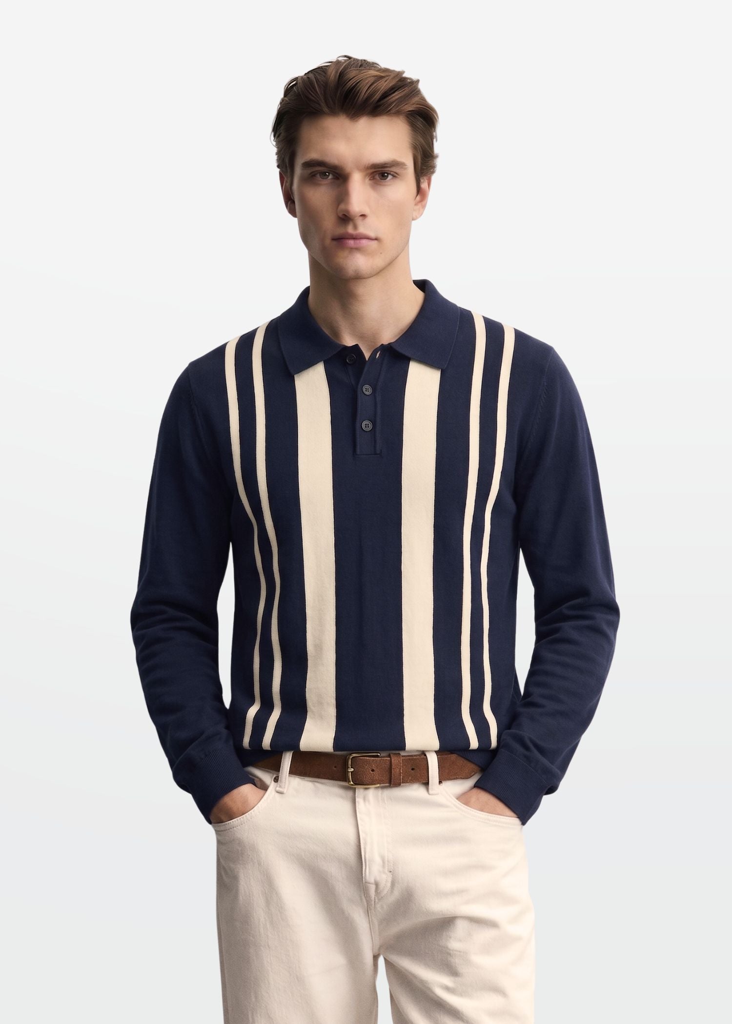 Navy Ivory Vertical Stripe Knit Polo