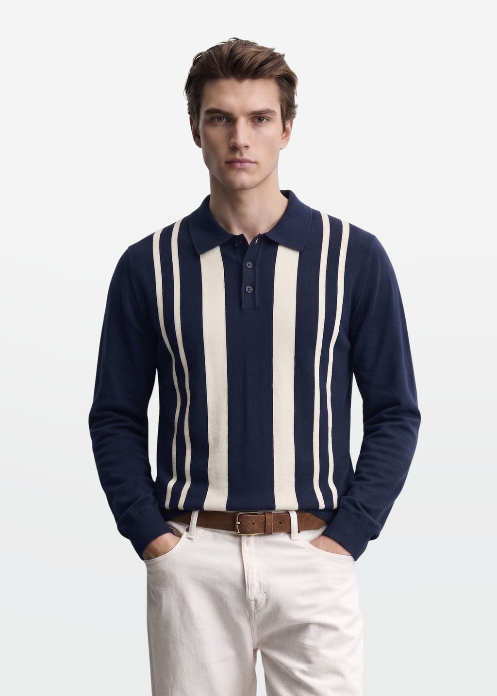 Vertical Stripe Polo in Navy Ivory — Men's Knit Polo | Eagle Ray