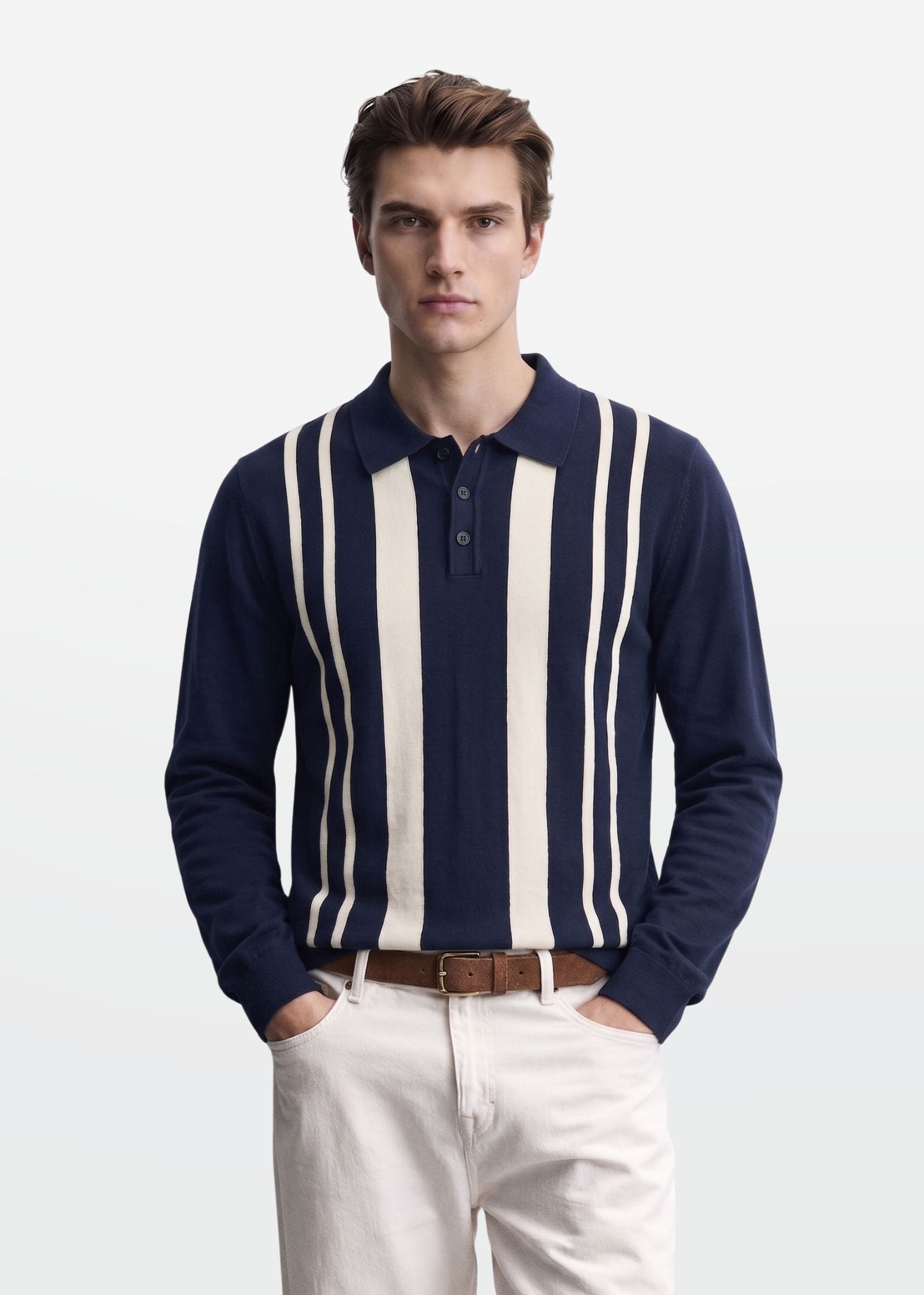 Navy Ivory Vertical Stripe Knit Polo