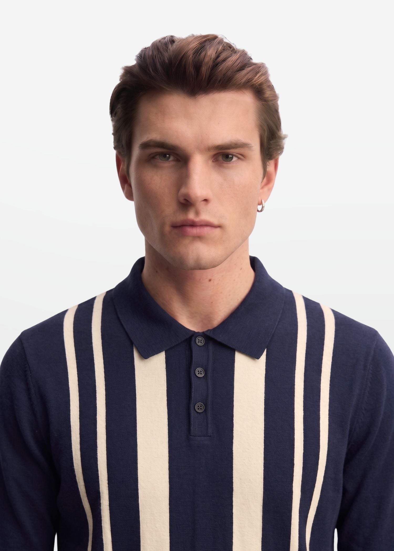 Navy Ivory Vertical Stripe Knit Polo