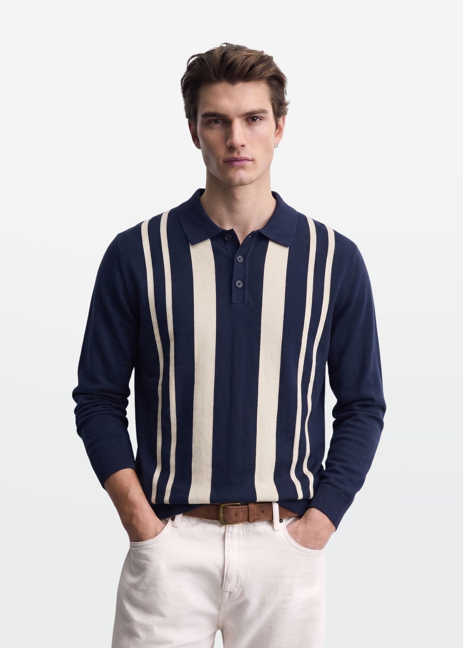 Navy Ivory Vertical Stripe Knit Polo