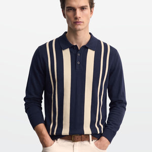 Navy Ivory Vertical Stripe Knit Polo