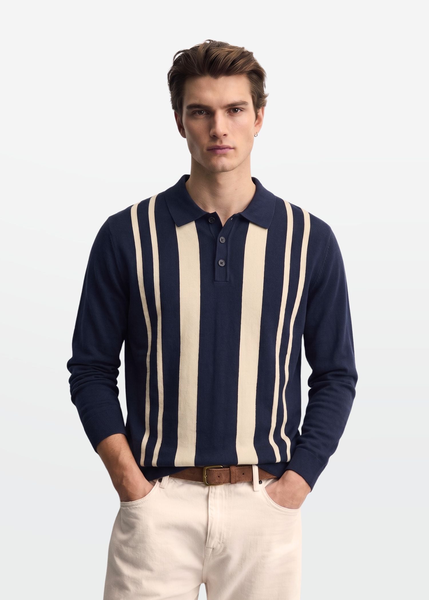 Navy Ivory Vertical Stripe Knit Polo