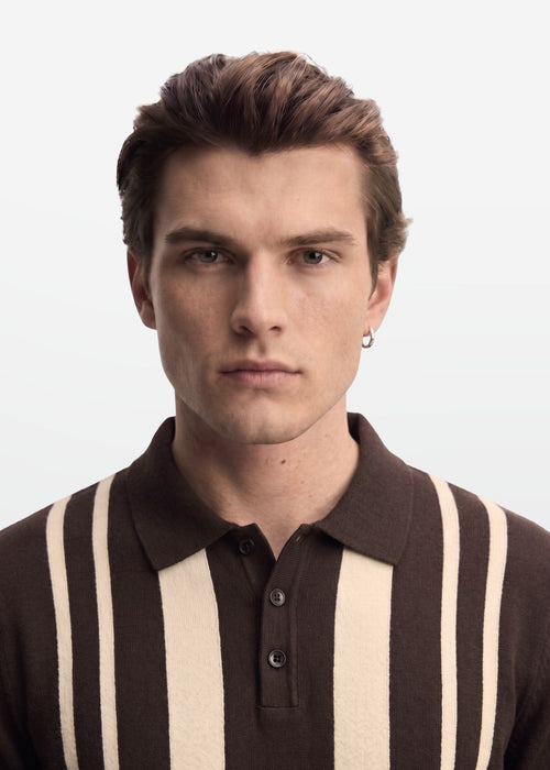 Brown Ivory Vertical Stripe Knit Polo — Men's Cotton Knit Polo | Eagle Ray